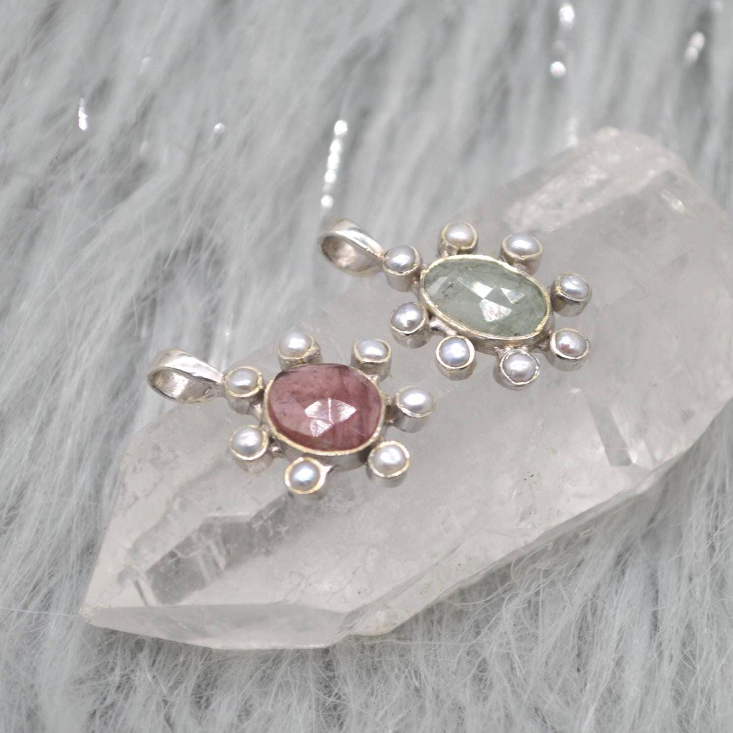 Pearl Tourmaline Pendant Necklace: Sterling Silver, June October Birthstone, White Pink Green Gemstone