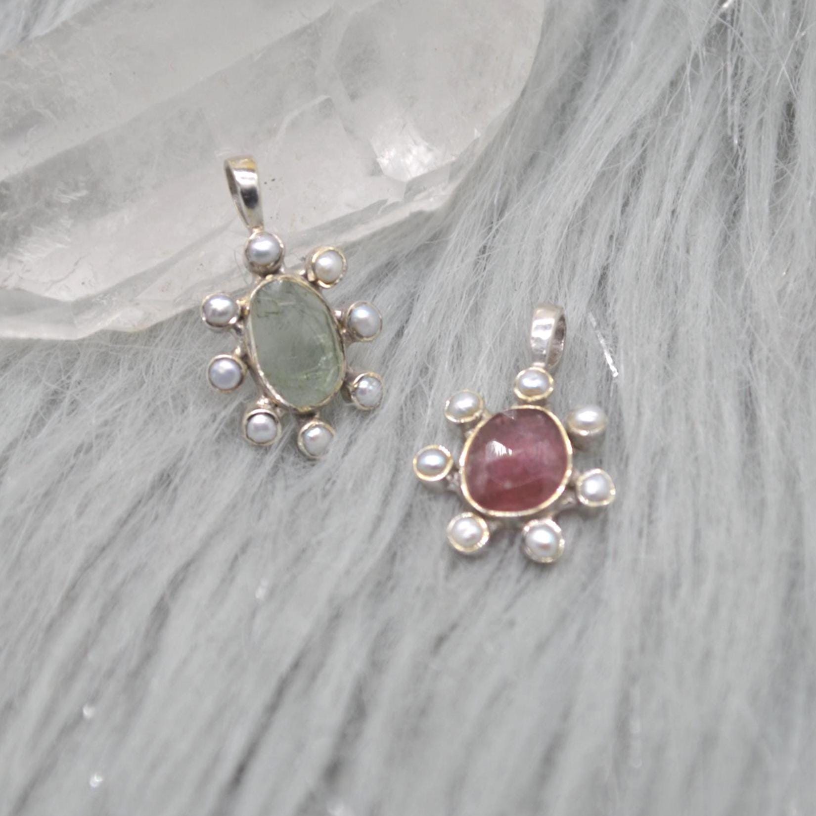 Pearl Tourmaline Pendant Necklace: Sterling Silver, June October Birthstone, White Pink Green Gemstone