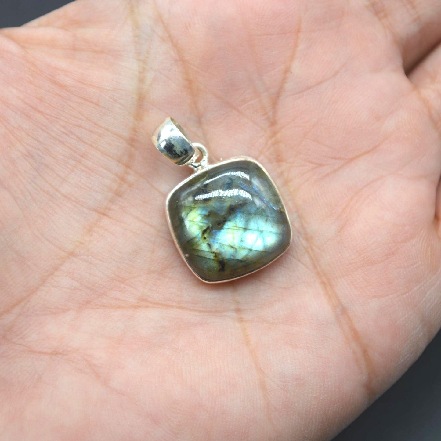 Labradorite Pendant: Dainty Square Sterling Silver Pendant