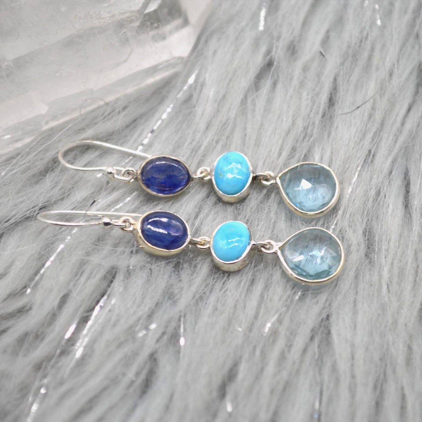 Blue Topaz, Turquoise, Sapphire Earrings: Sterling Silver, September Decemer Birthstone Jewelry