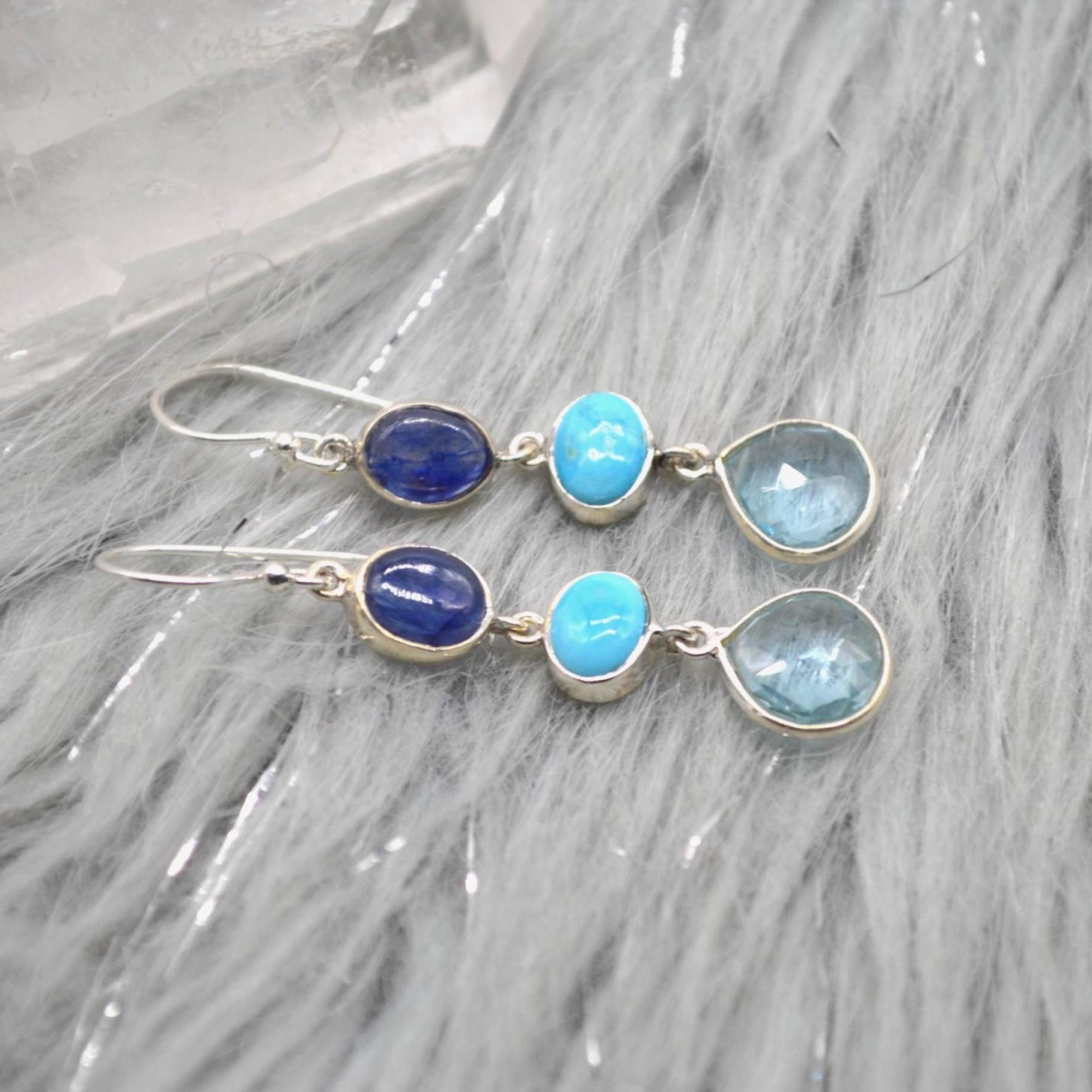 Blue Topaz, Turquoise, Sapphire Earrings: Sterling Silver, September Decemer Birthstone Jewelry