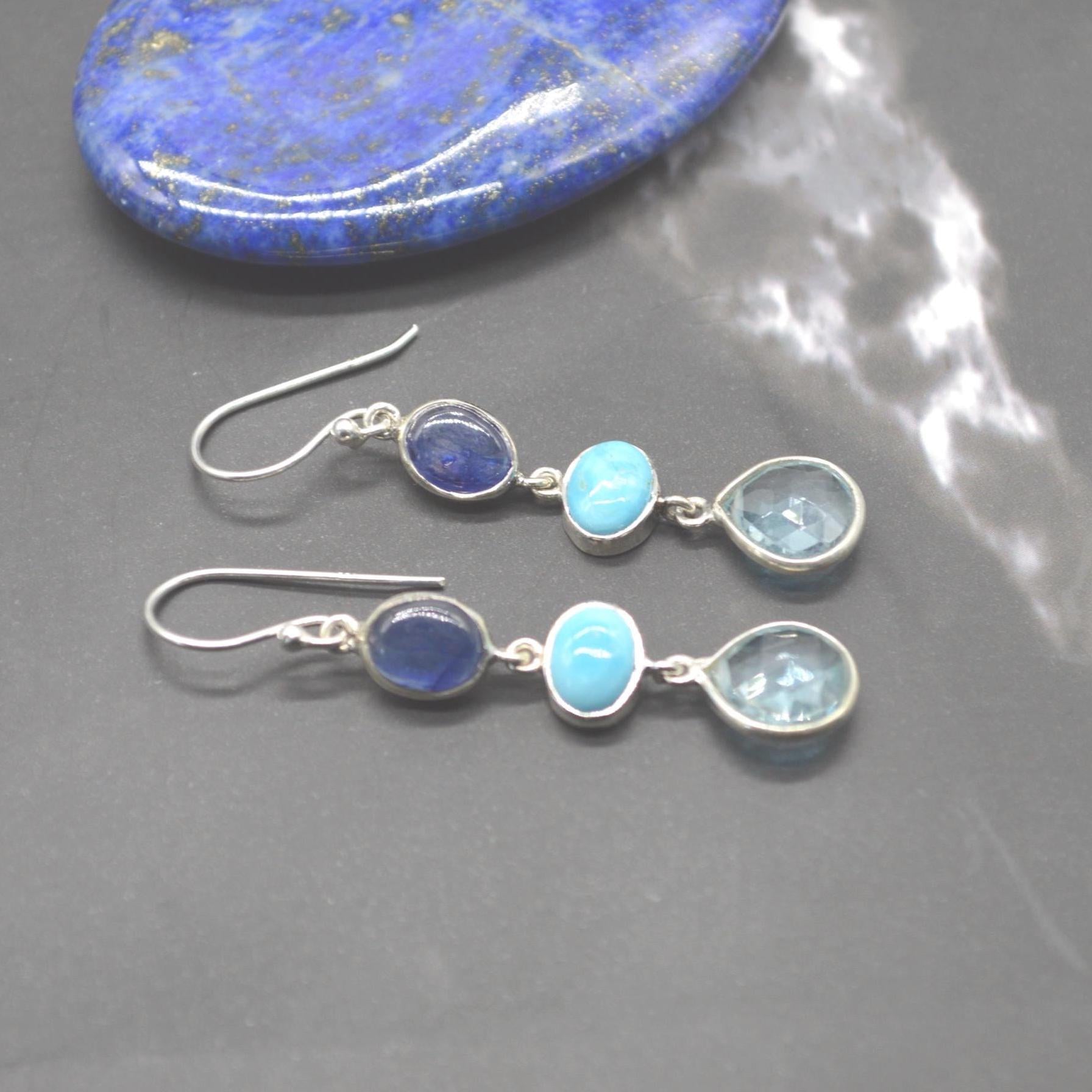 Blue Topaz, Turquoise, Sapphire Earrings: Sterling Silver, September Decemer Birthstone Jewelry