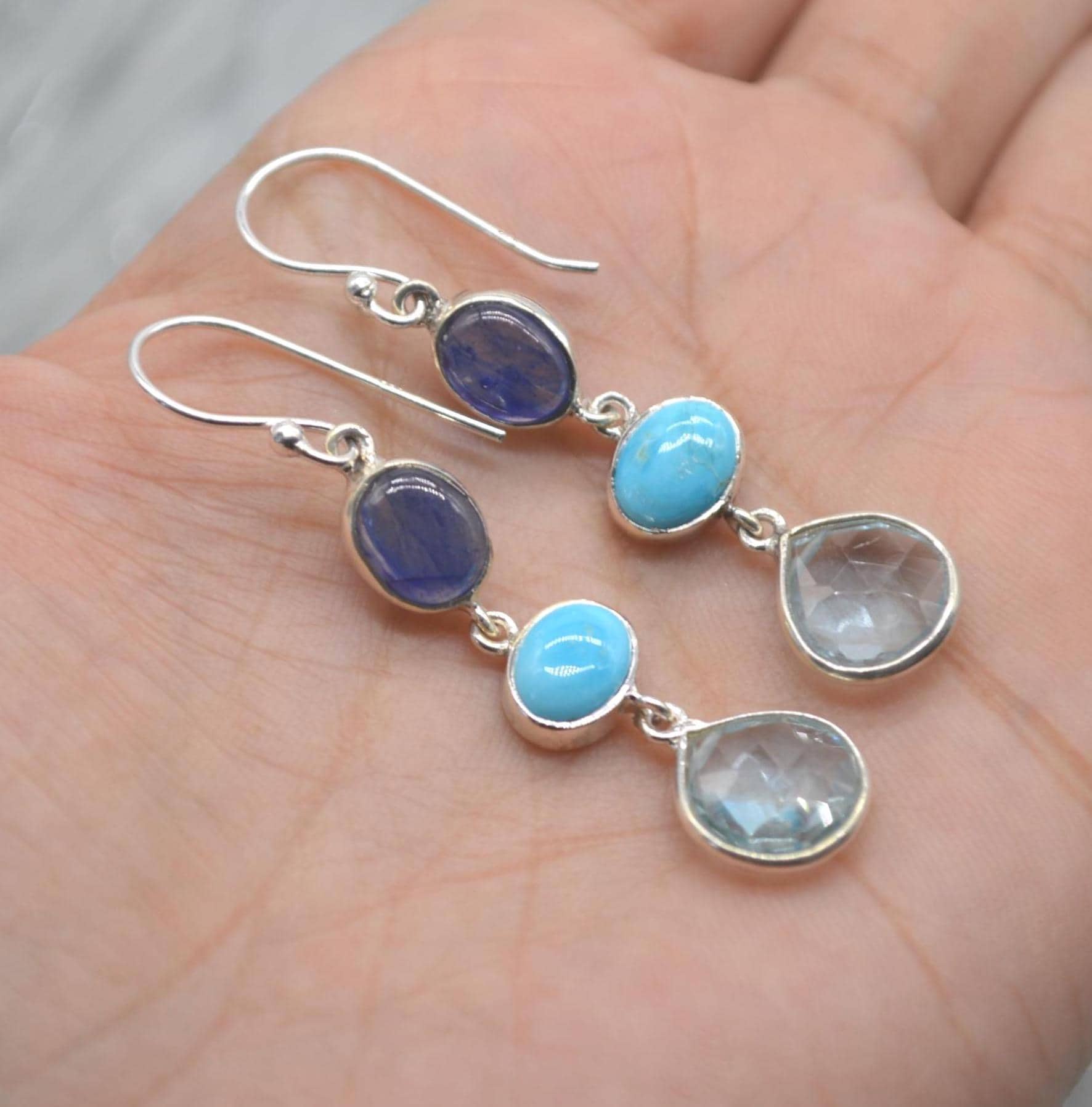 Blue Topaz, Turquoise, Sapphire Earrings: Sterling Silver, September Decemer Birthstone Jewelry