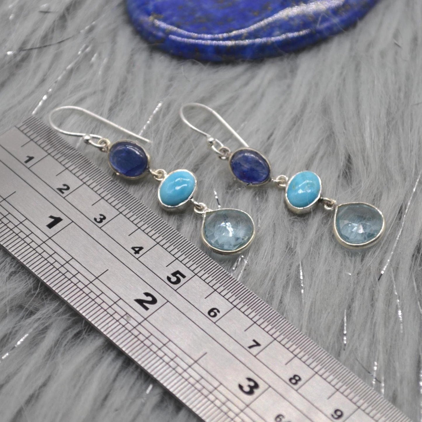 Blue Topaz, Turquoise, Sapphire Earrings: Sterling Silver, September Decemer Birthstone Jewelry