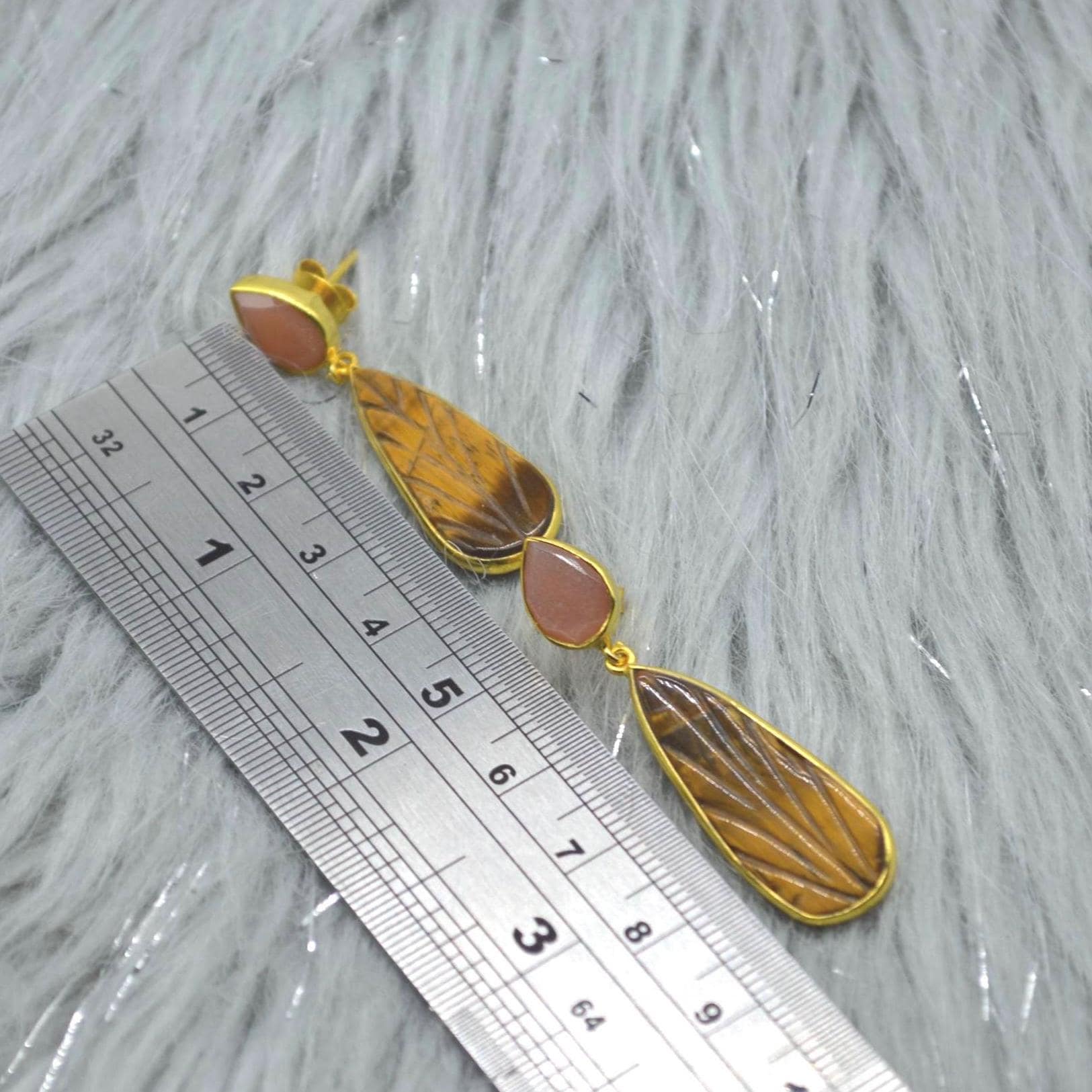 Peach Moonstone Tigers Eye Earrings: Sterling Silver, Gold Earrings, Yellow Brown Teardrop Gemstone