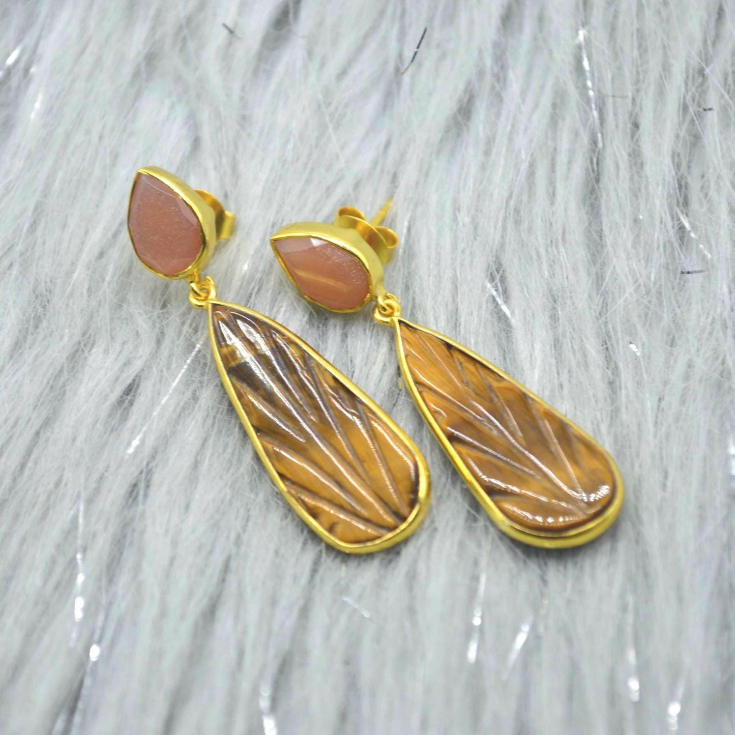 Peach Moonstone Tigers Eye Earrings: Sterling Silver, Gold Earrings, Yellow Brown Teardrop Gemstone