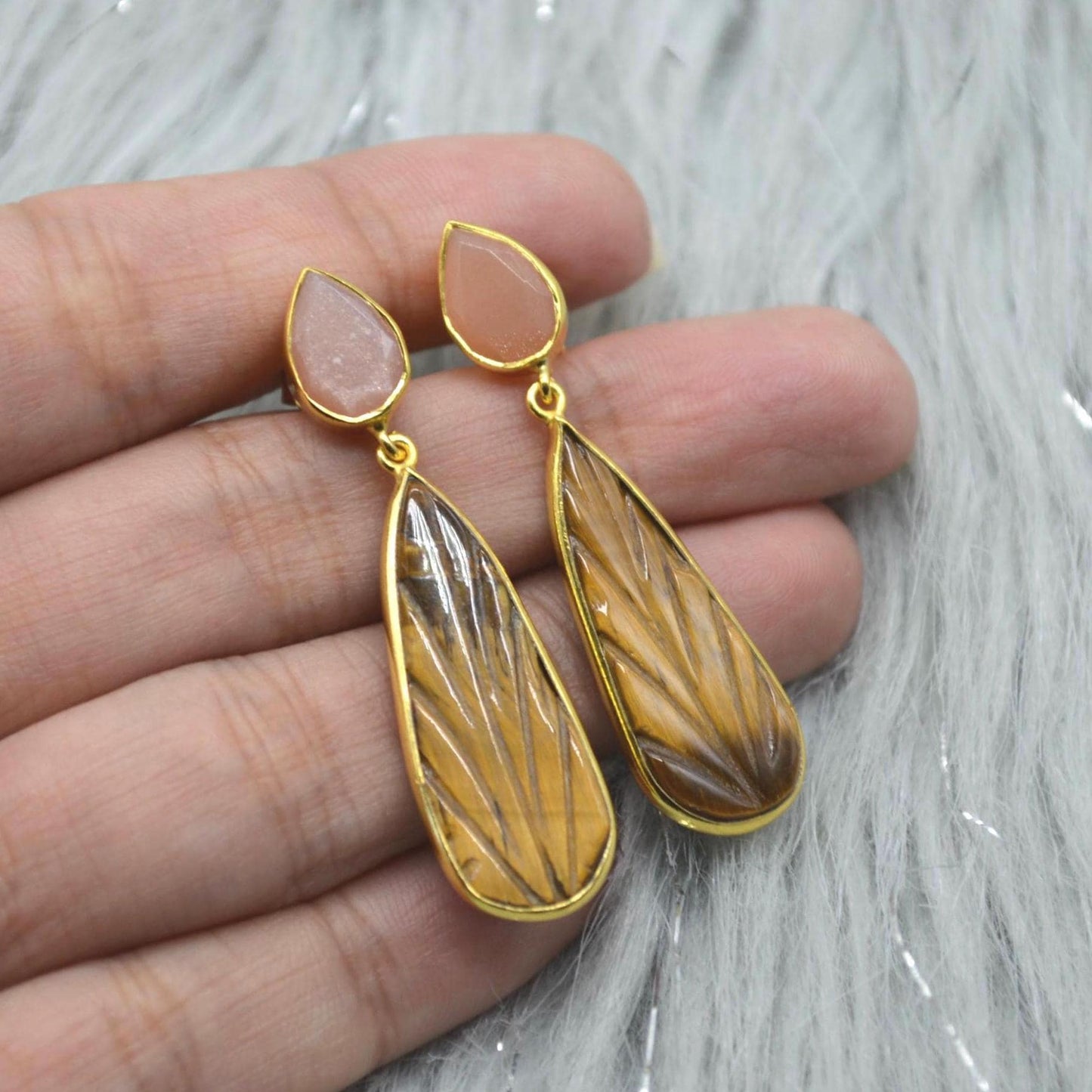 Peach Moonstone Tigers Eye Earrings: Sterling Silver, Gold Earrings, Yellow Brown Teardrop Gemstone