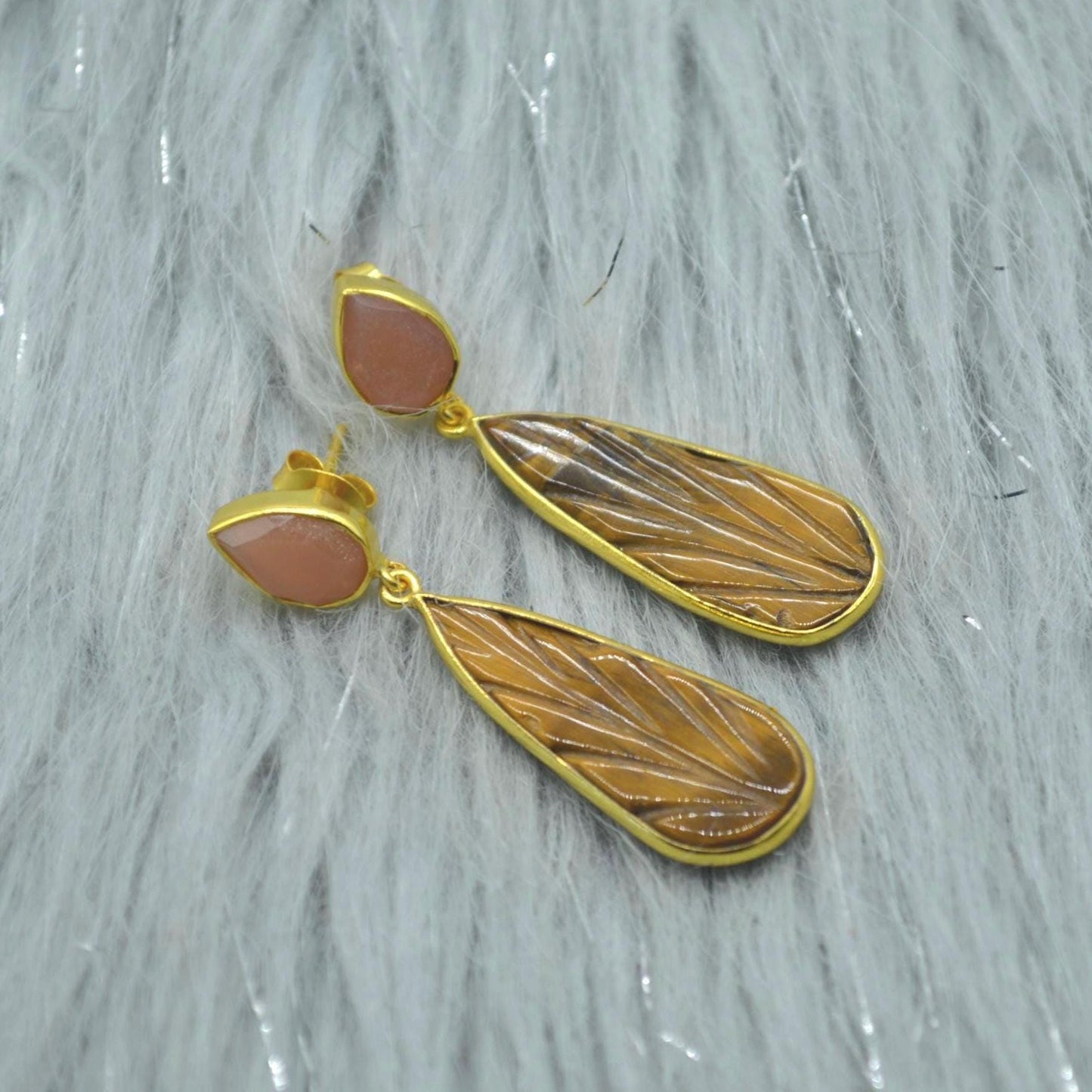 Peach Moonstone Tigers Eye Earrings: Sterling Silver, Gold Earrings, Yellow Brown Teardrop Gemstone