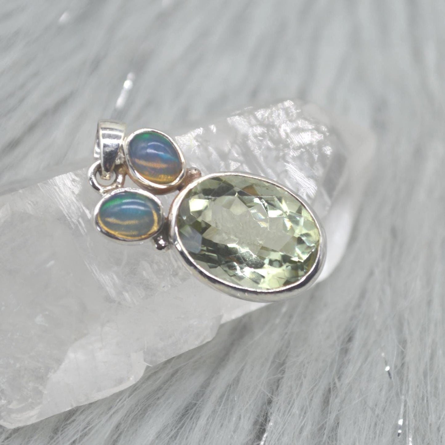 Green Amethyst, Opal Pendant: Sterling Silver, Oval Gemstone