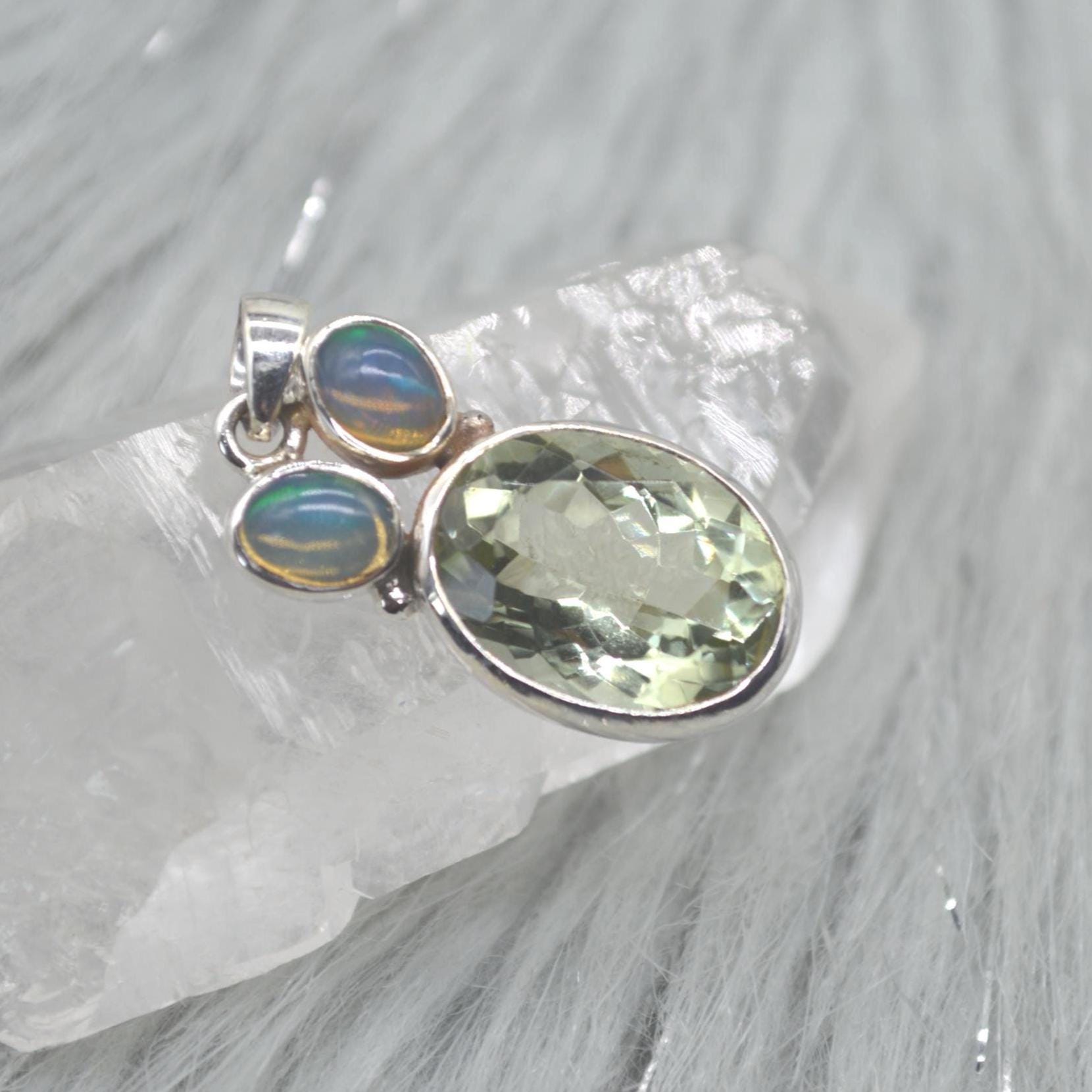 Green Amethyst, Opal Pendant: Sterling Silver, Oval Gemstone