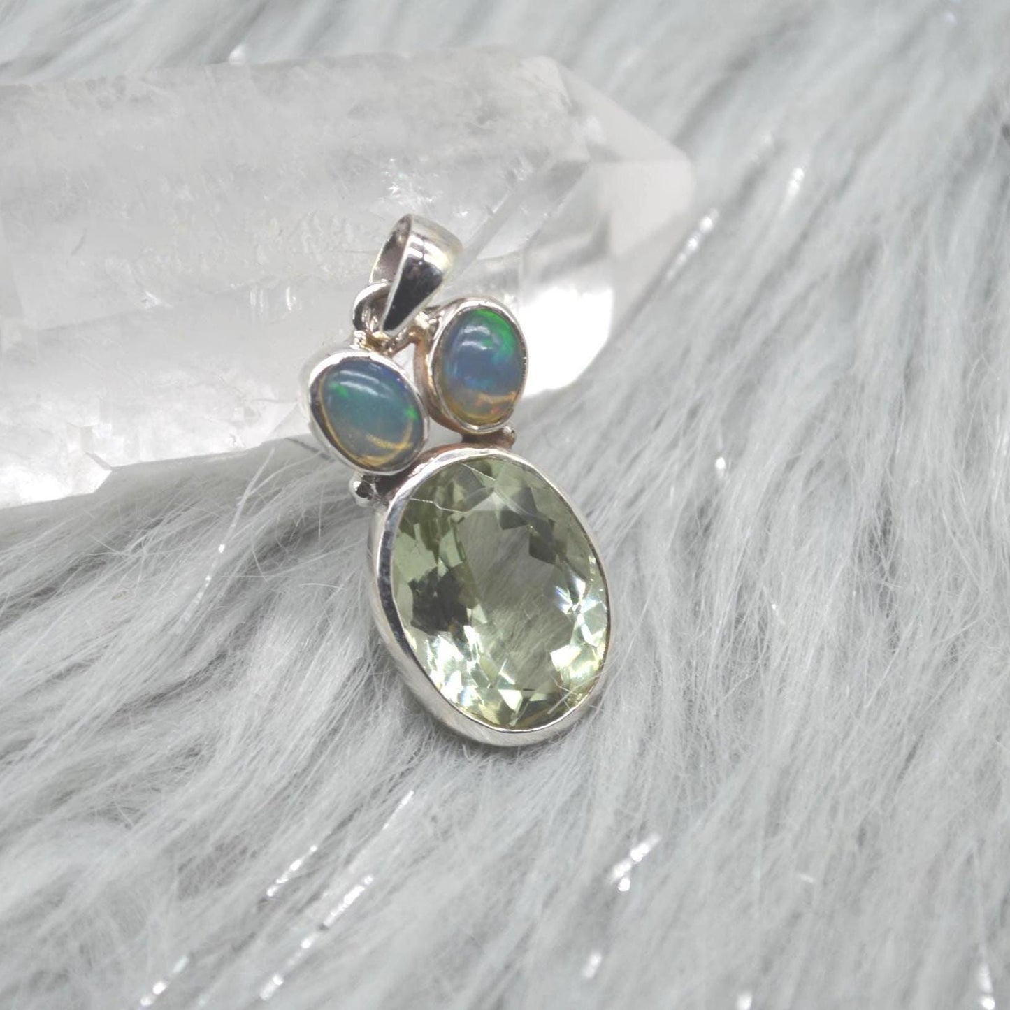 Green Amethyst, Opal Pendant: Sterling Silver, Oval Gemstone