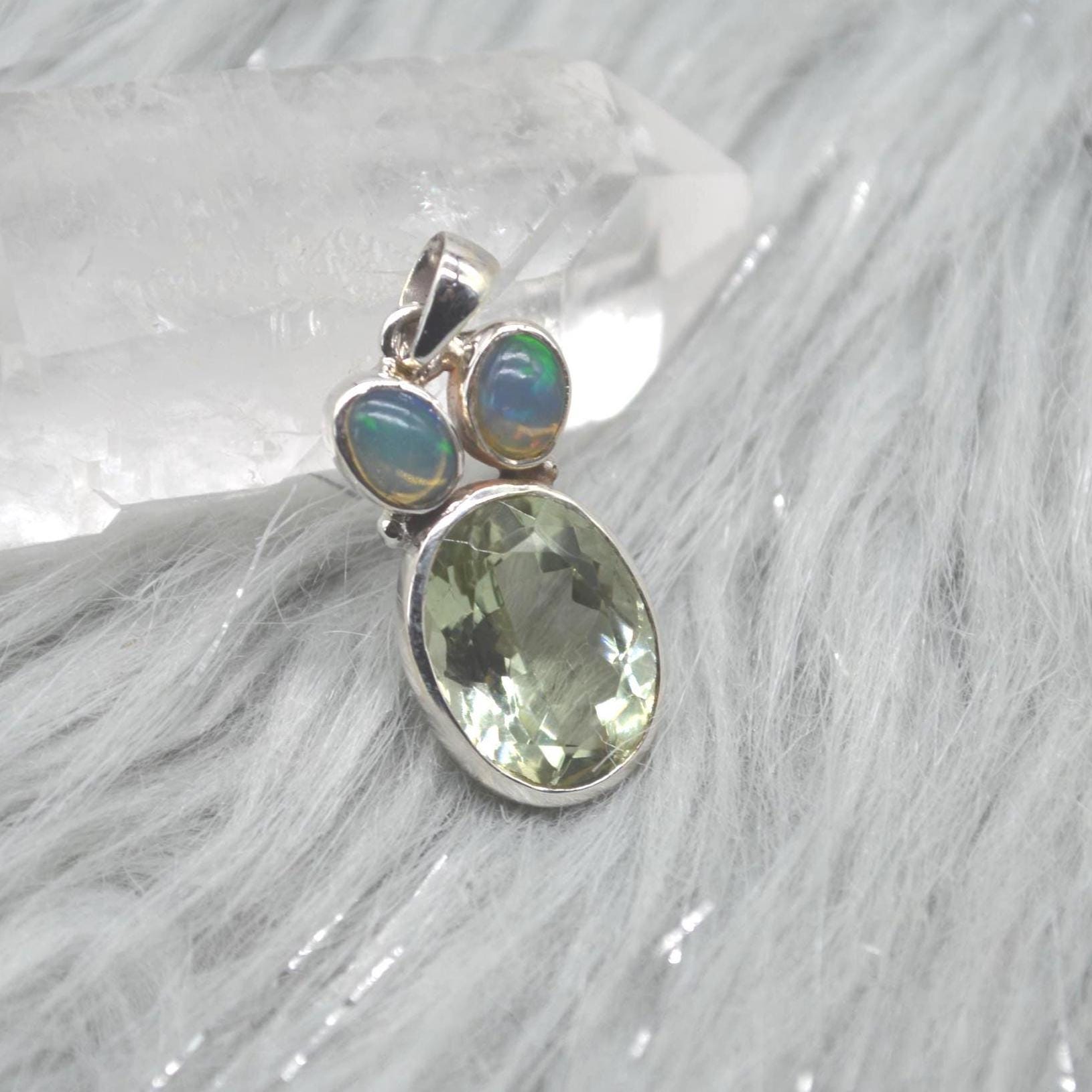 Green Amethyst, Opal Pendant: Sterling Silver, Oval Gemstone