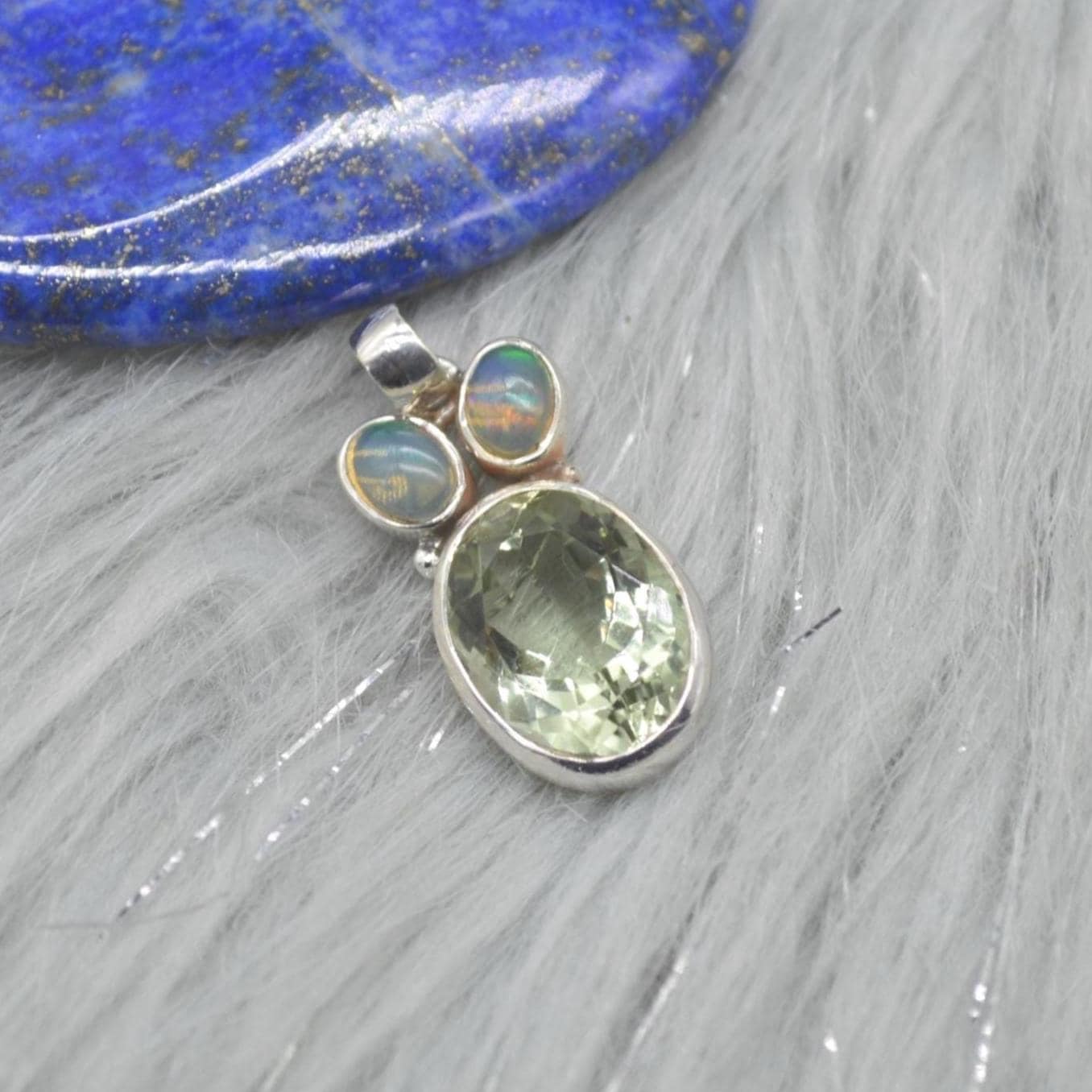 Green Amethyst, Opal Pendant: Sterling Silver, Oval Gemstone