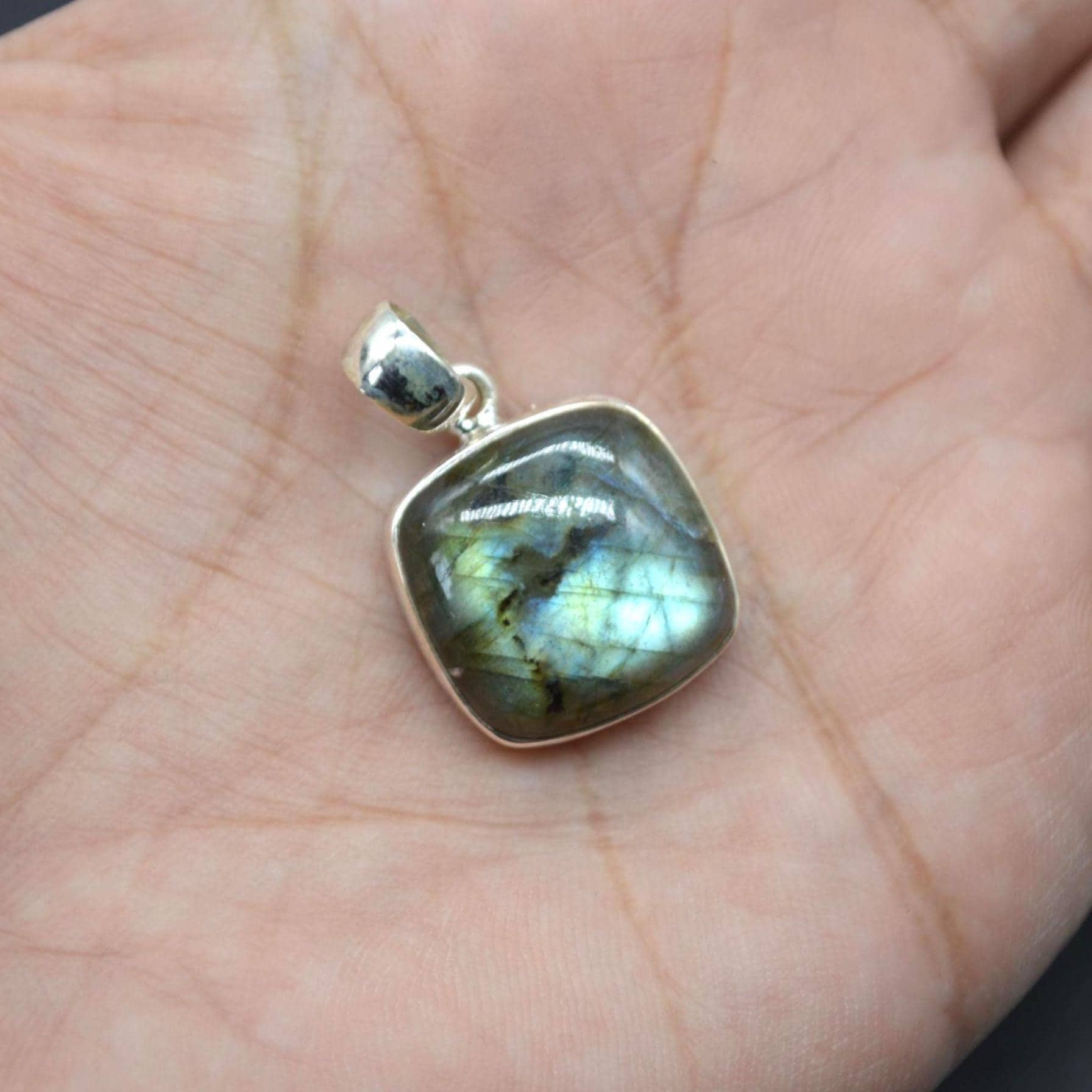 Labradorite Pendant: Dainty Square Sterling Silver Pendant
