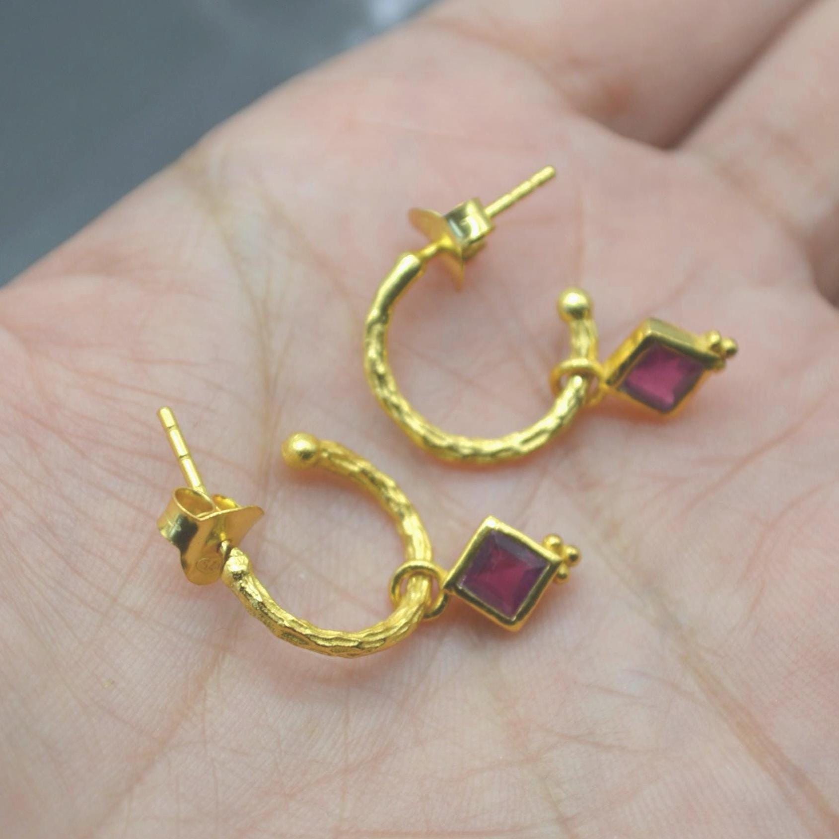 Ruby Hoop Earrings: Sterling Silver or Gold, July Birthstone, Red Gemstone