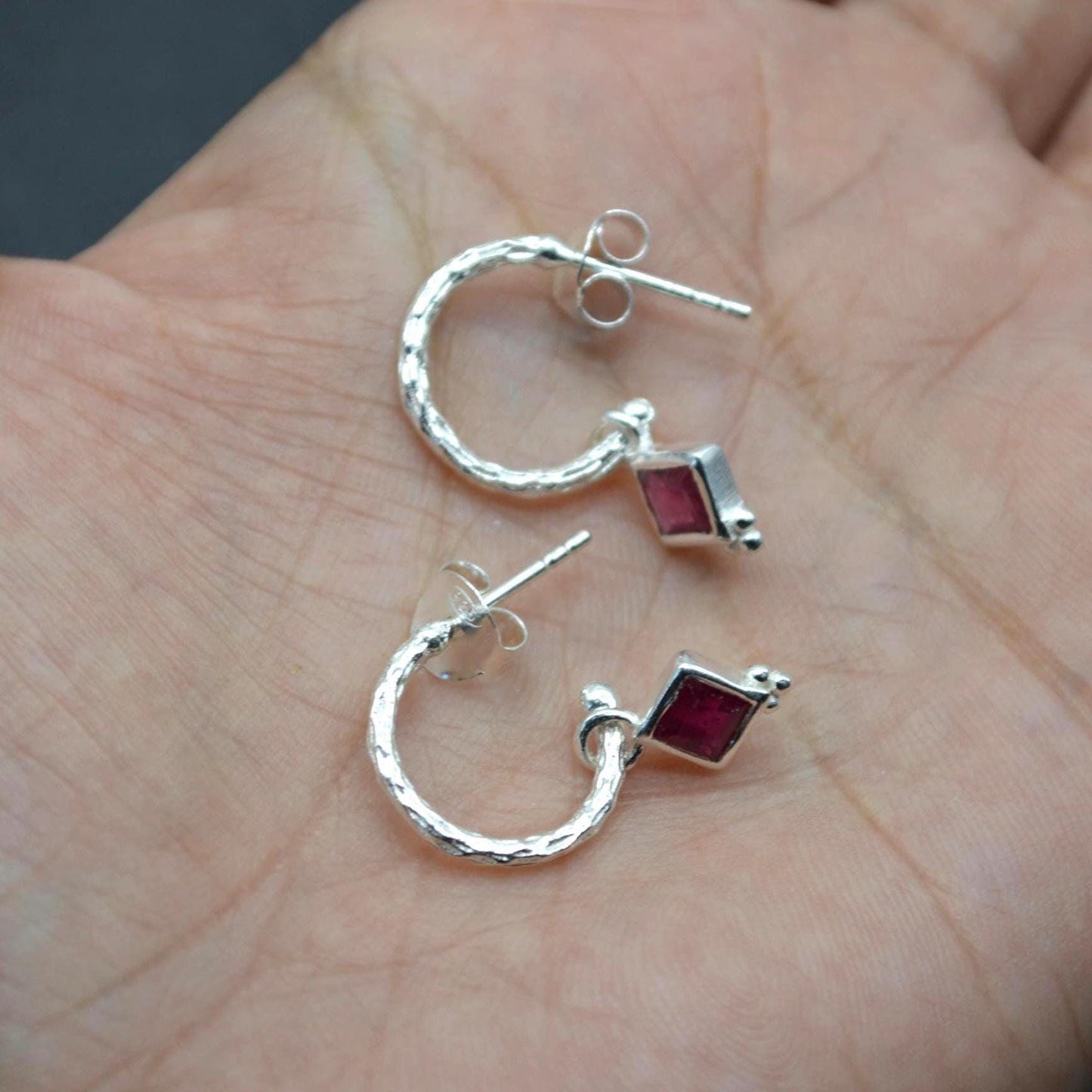 Ruby Hoop Earrings: Sterling Silver or Gold, July Birthstone, Red Gemstone