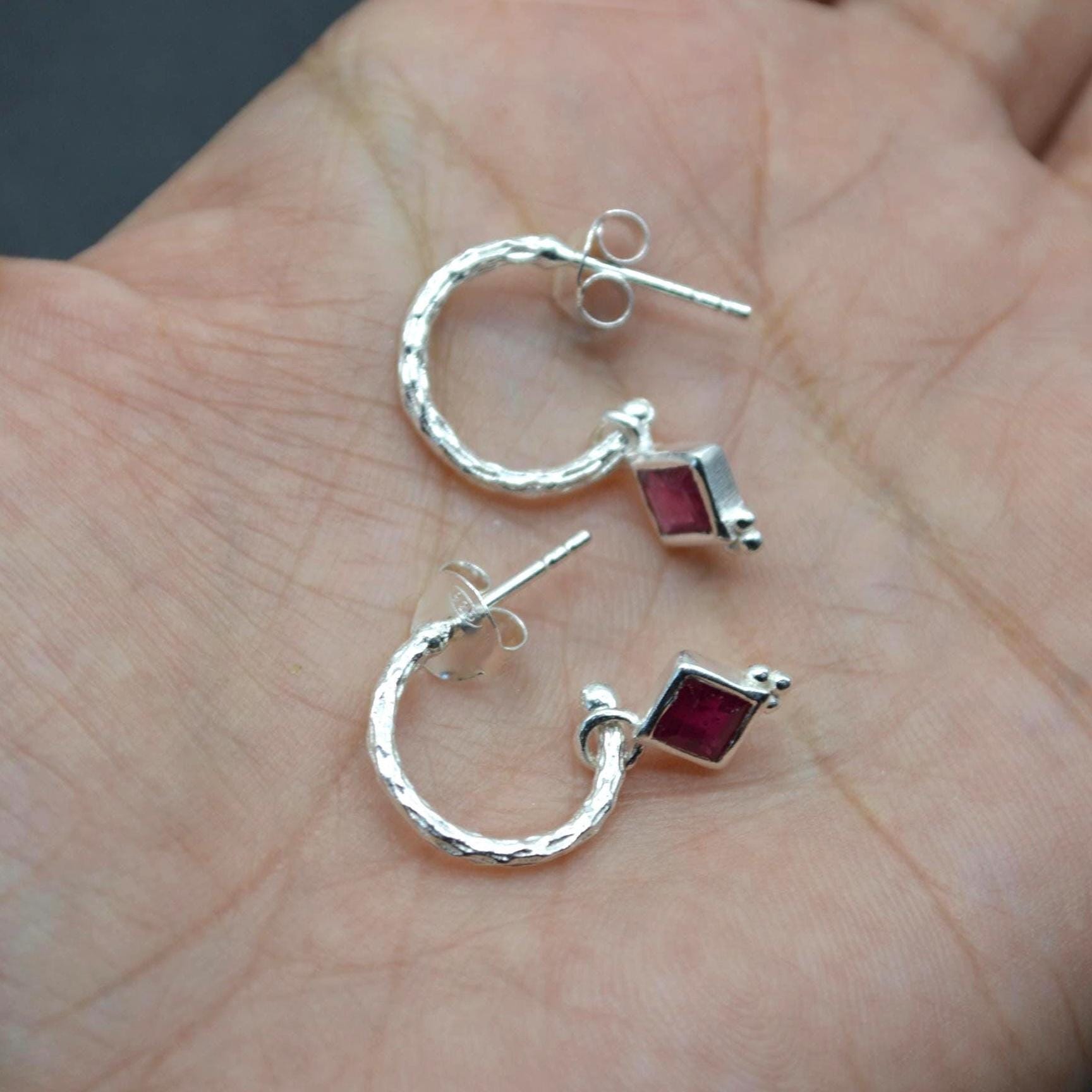 Ruby Hoop Earrings: Sterling Silver or Gold, July Birthstone, Red Gemstone