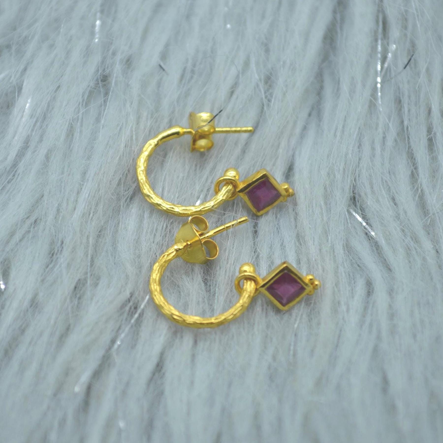 Ruby Hoop Earrings: Sterling Silver or Gold, July Birthstone, Red Gemstone