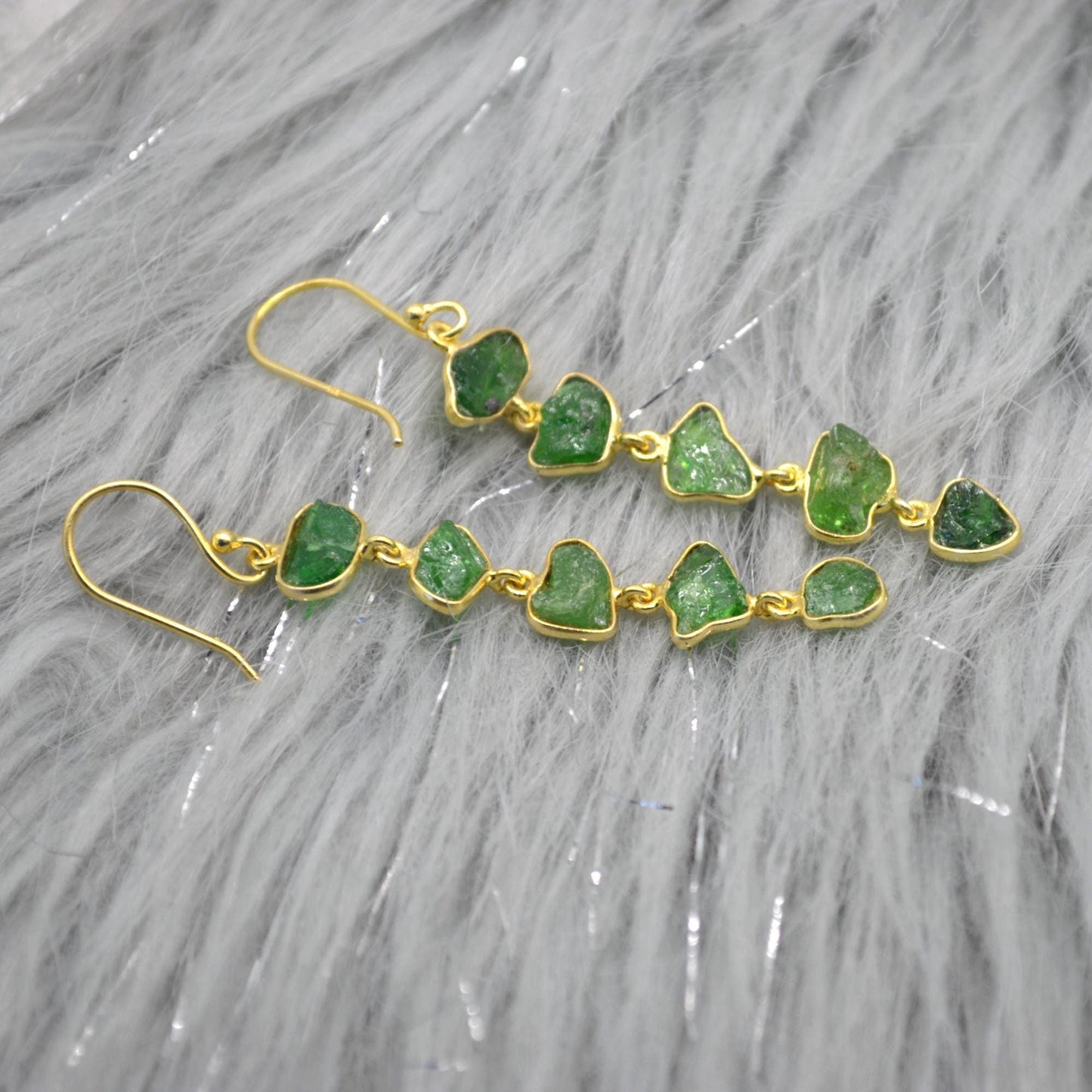 Green Tsavorite Garnet Gold Earrings: Sterling Silver, Long Gemstone Dangle Drop, January Birthstone