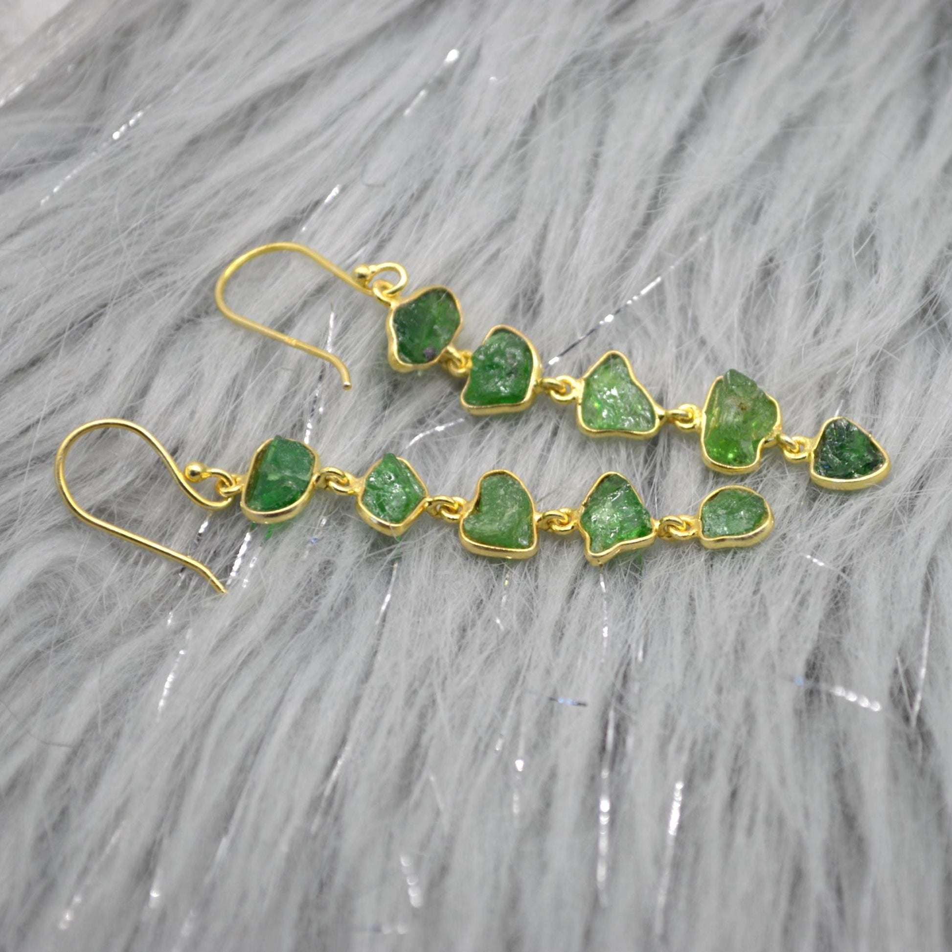 Green Tsavorite Garnet Gold Earrings: Sterling Silver, Long Gemstone Dangle Drop, January Birthstone