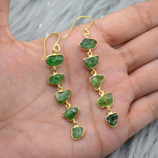 Green Tsavorite Garnet Gold Earrings: Sterling Silver, Long Gemstone Dangle Drop, January Birthstone