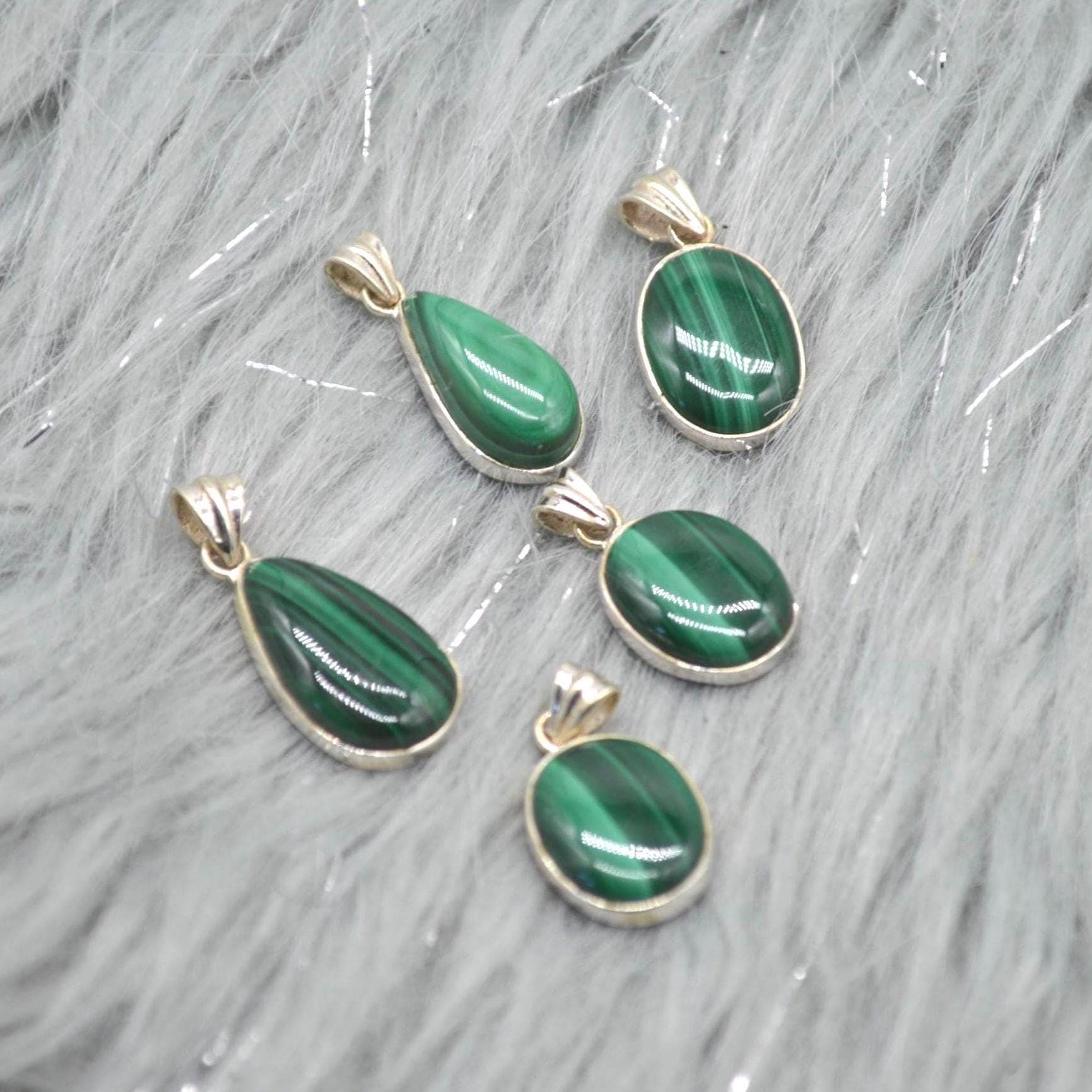Malachite Pendant: Sterling Silver, Green Gemstone, Oval or Teardrop