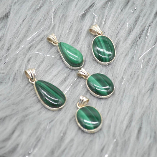 Malachite Pendant: Sterling Silver, Green Gemstone, Oval or Teardrop