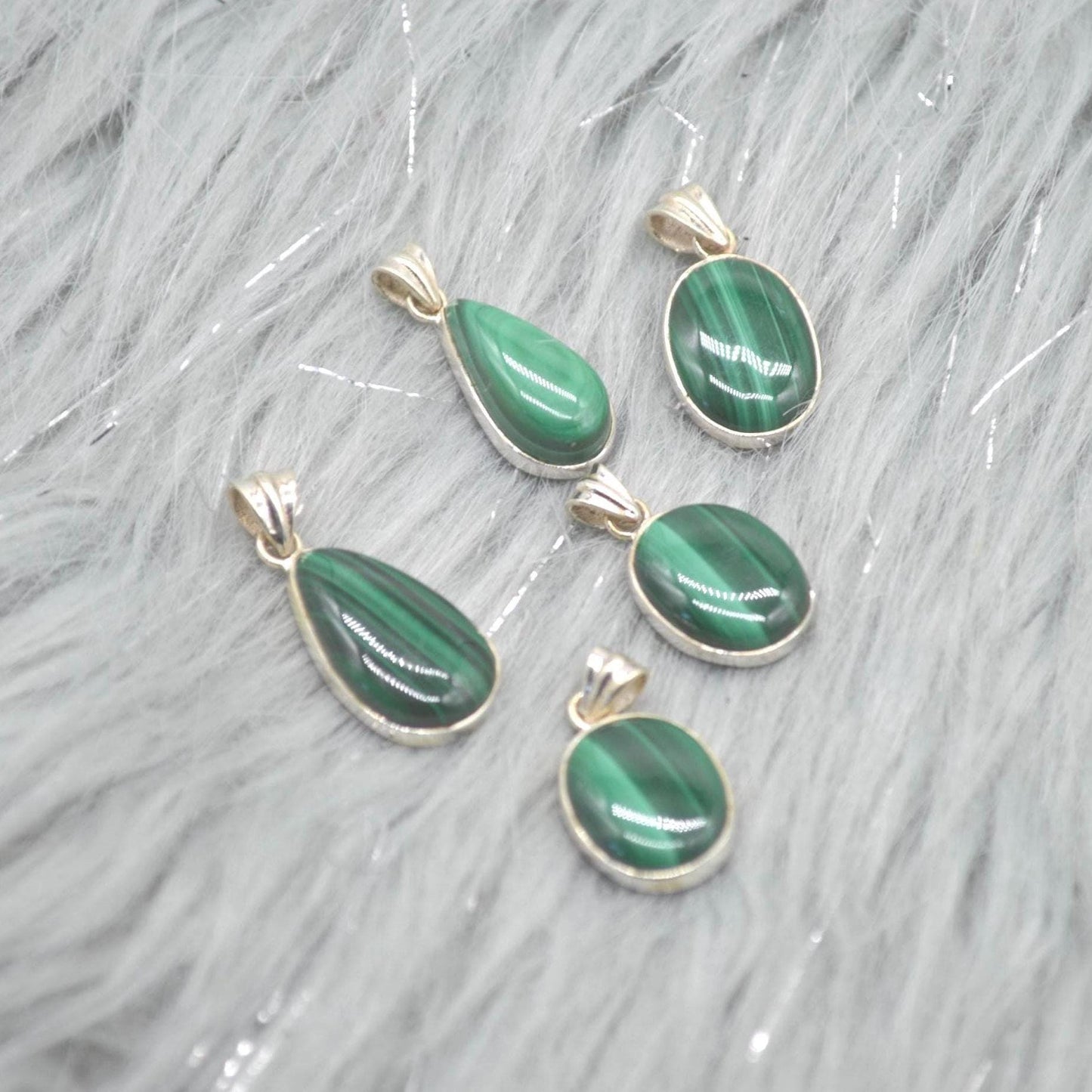 Malachite Pendant: Sterling Silver, Green Gemstone, Oval or Teardrop