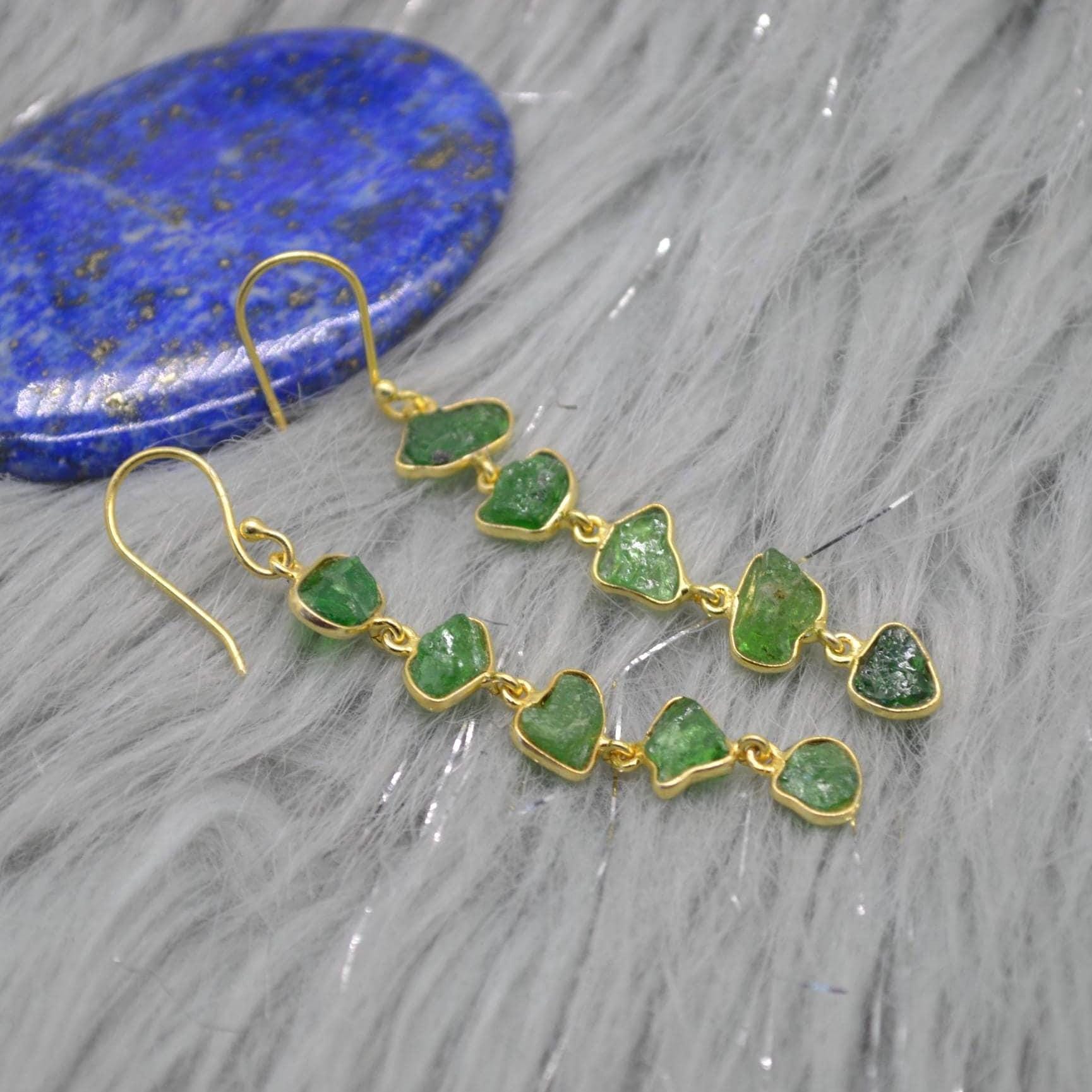 Green Tsavorite Garnet Gold Earrings: Sterling Silver, Long Gemstone Dangle Drop, January Birthstone