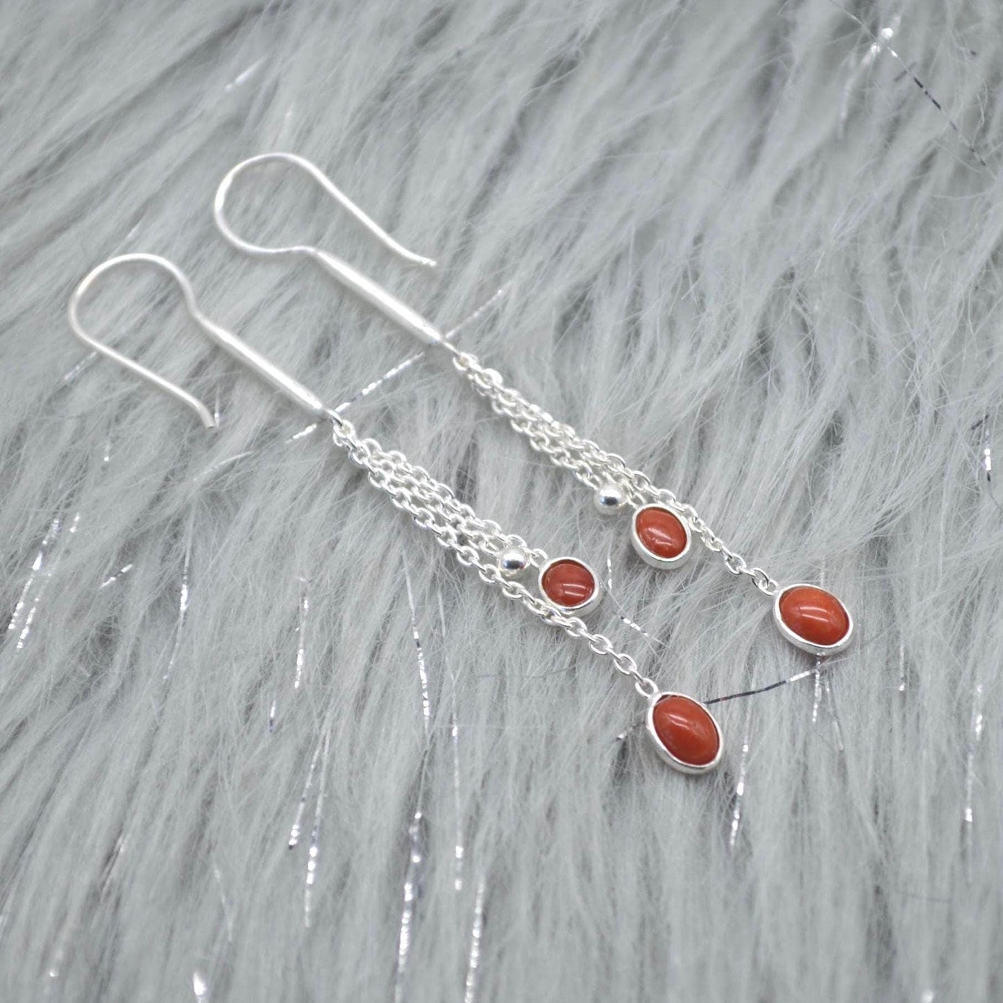 Red Coral Sterling Silver Drop Earrings: Dainty Gemstone Jewelry, Long Earrings