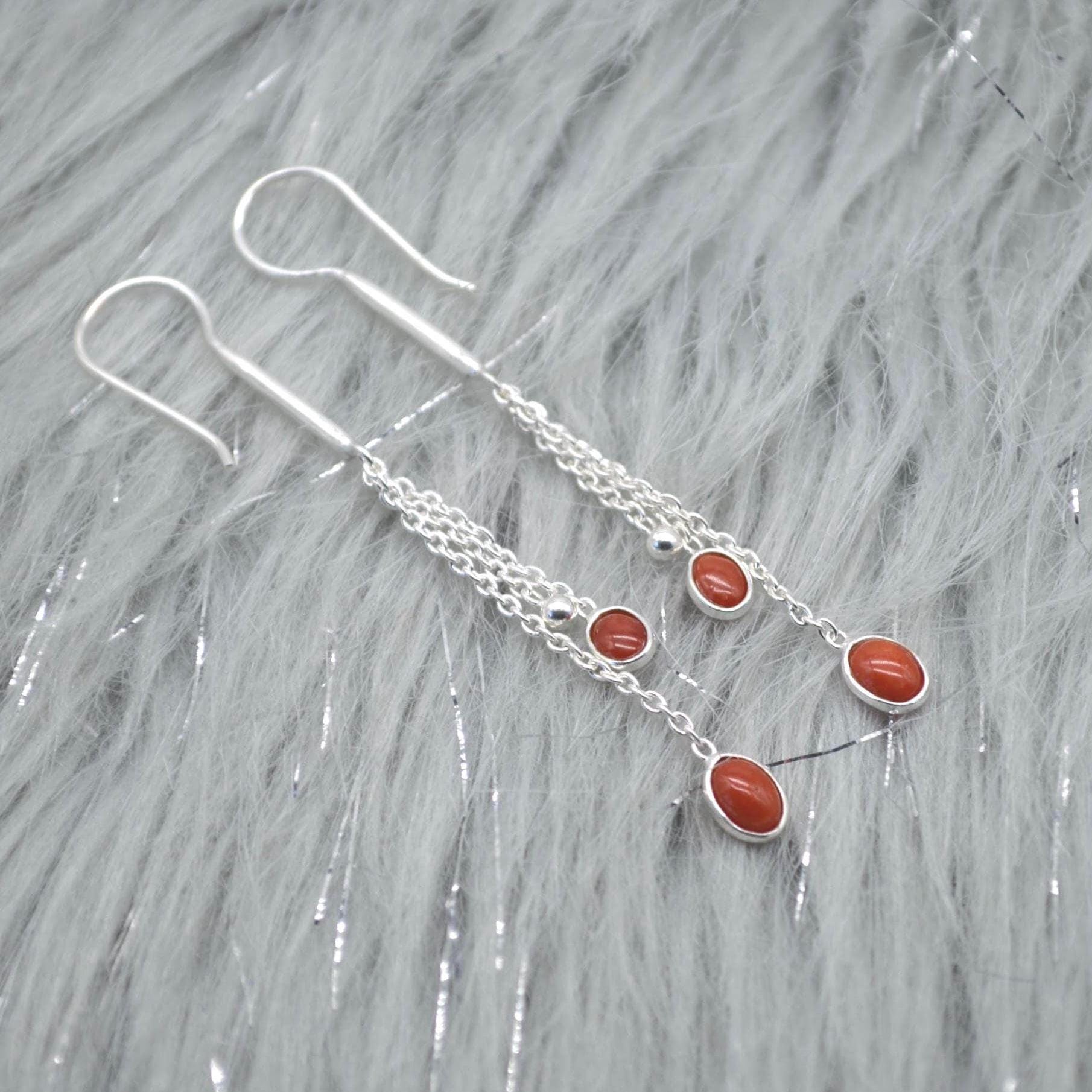 Red Coral Sterling Silver Drop Earrings: Dainty Gemstone Jewelry, Long Earrings