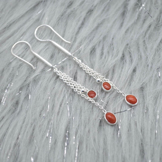 Red Coral Sterling Silver Drop Earrings: Dainty Gemstone Jewelry, Long Earrings