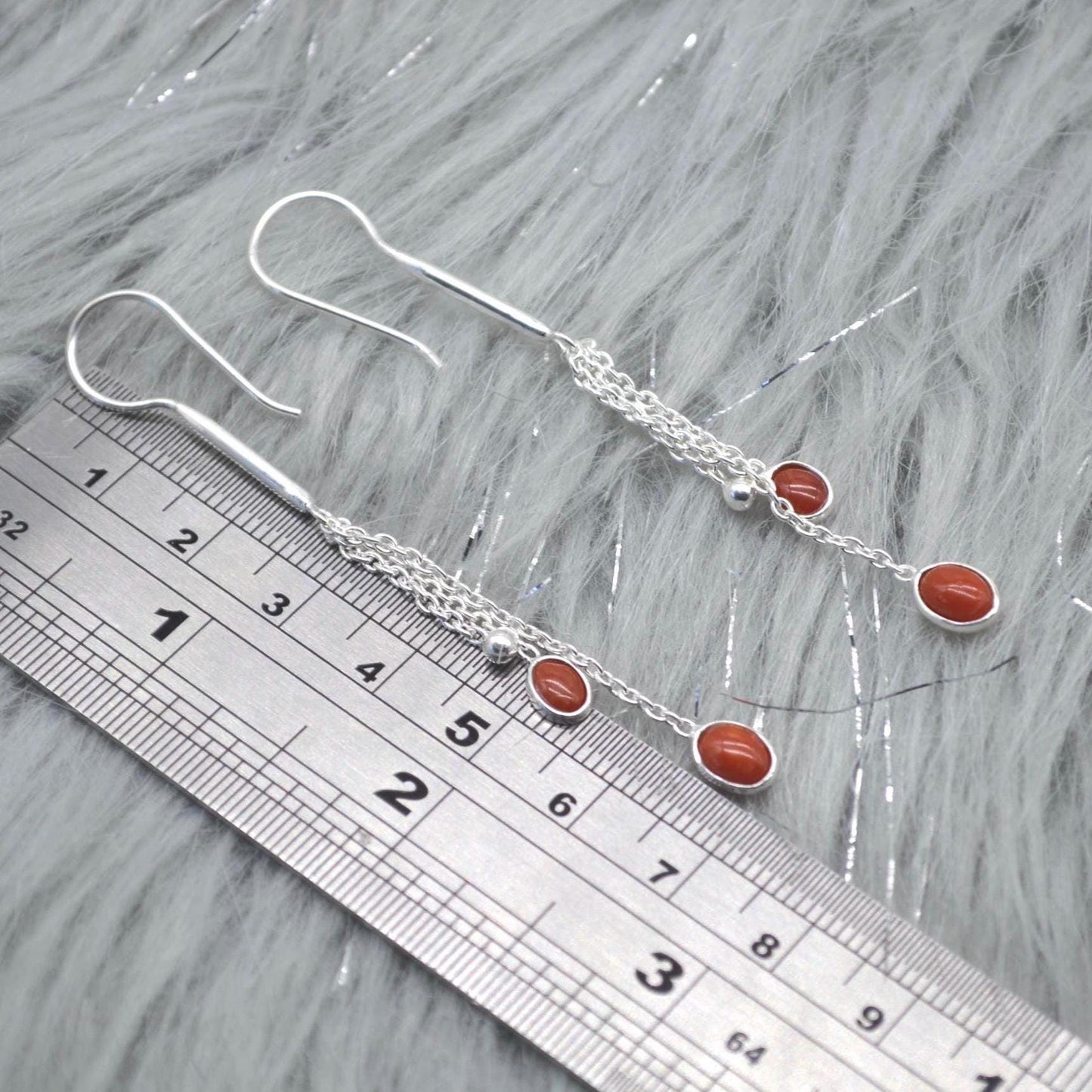 Red Coral Sterling Silver Drop Earrings: Dainty Gemstone Jewelry, Long Earrings