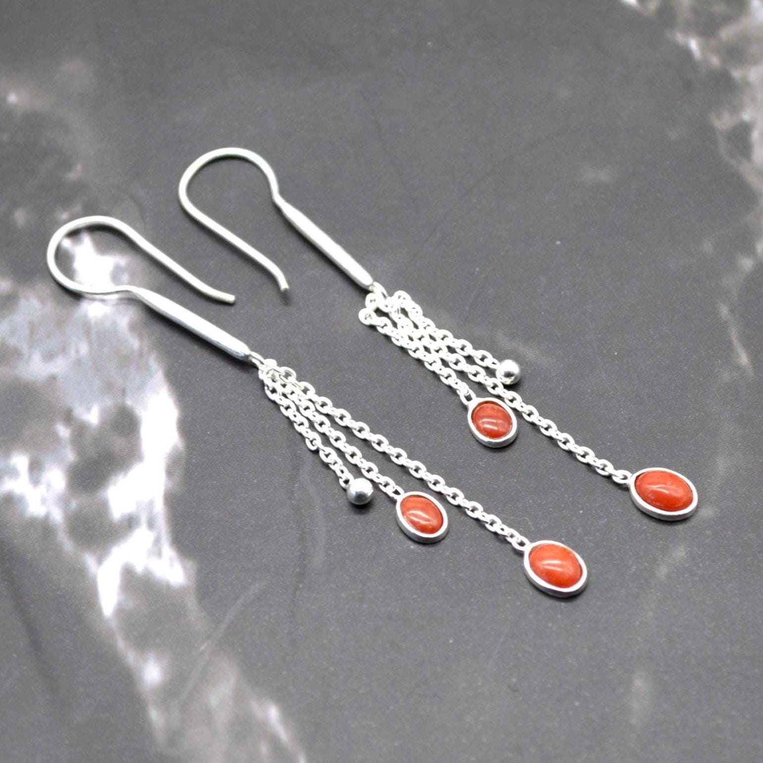 Red Coral Sterling Silver Drop Earrings: Dainty Gemstone Jewelry, Long Earrings