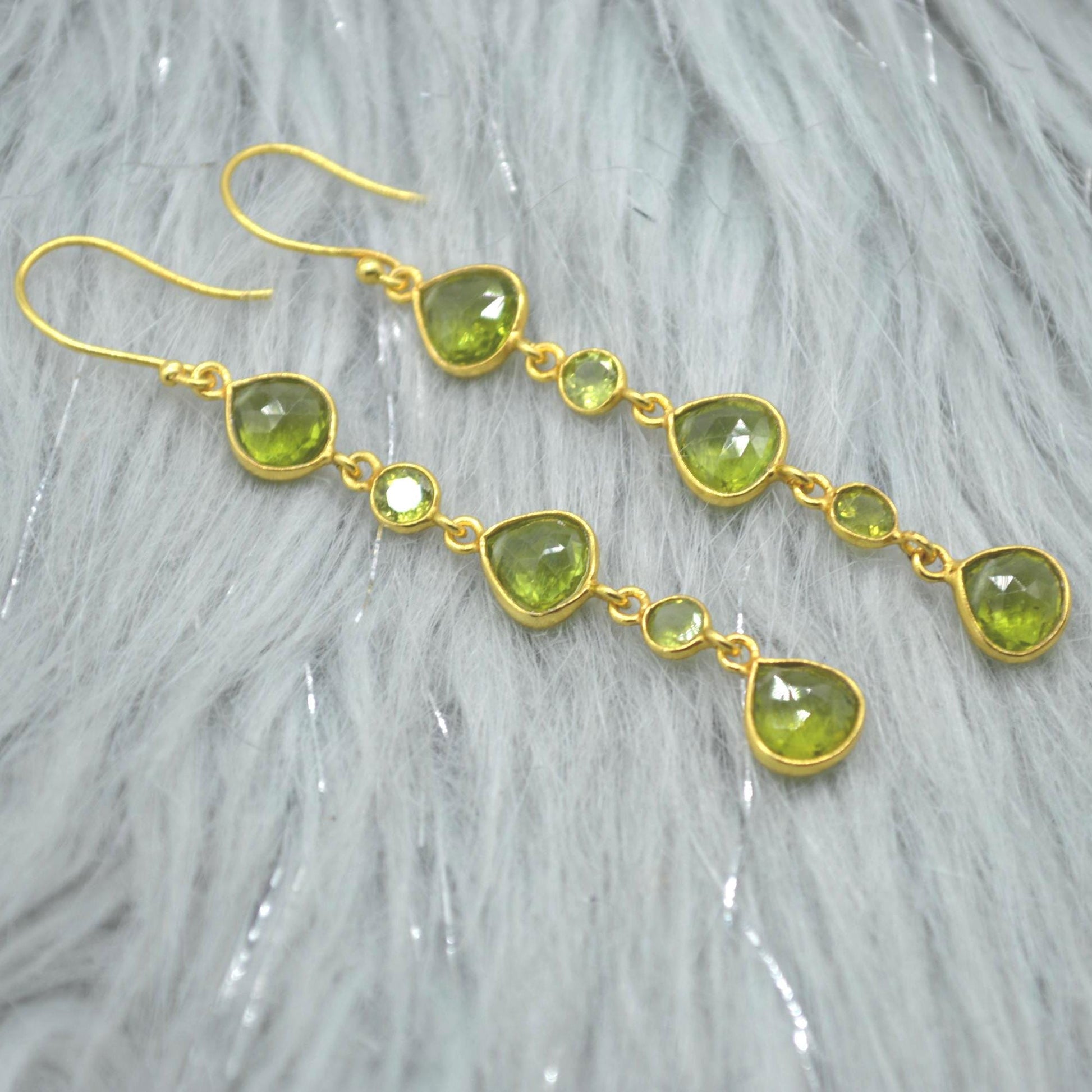 Long Green Peridot Earrings: Gold Plated Silver, Dangle Drop, Teardrop, August Birthstone