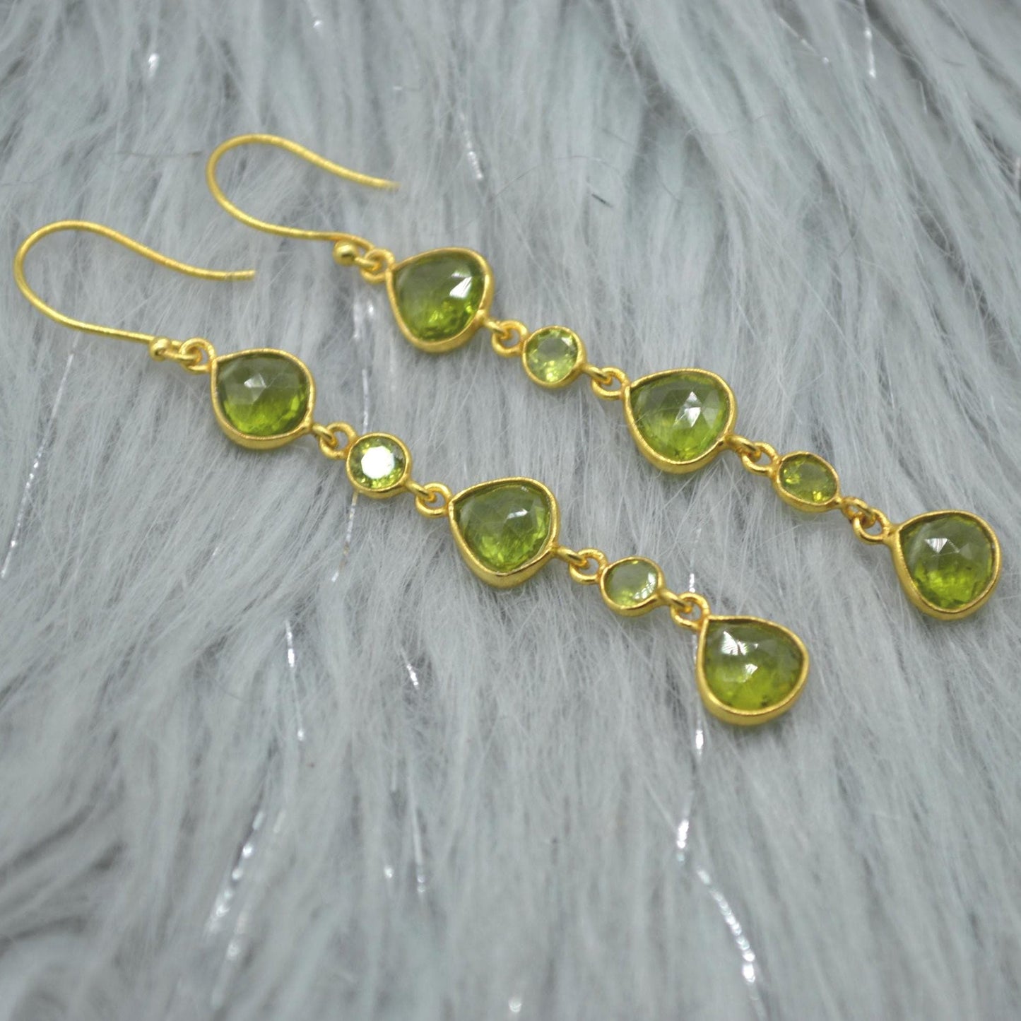 Long Green Peridot Earrings: Gold Plated Silver, Dangle Drop, Teardrop, August Birthstone