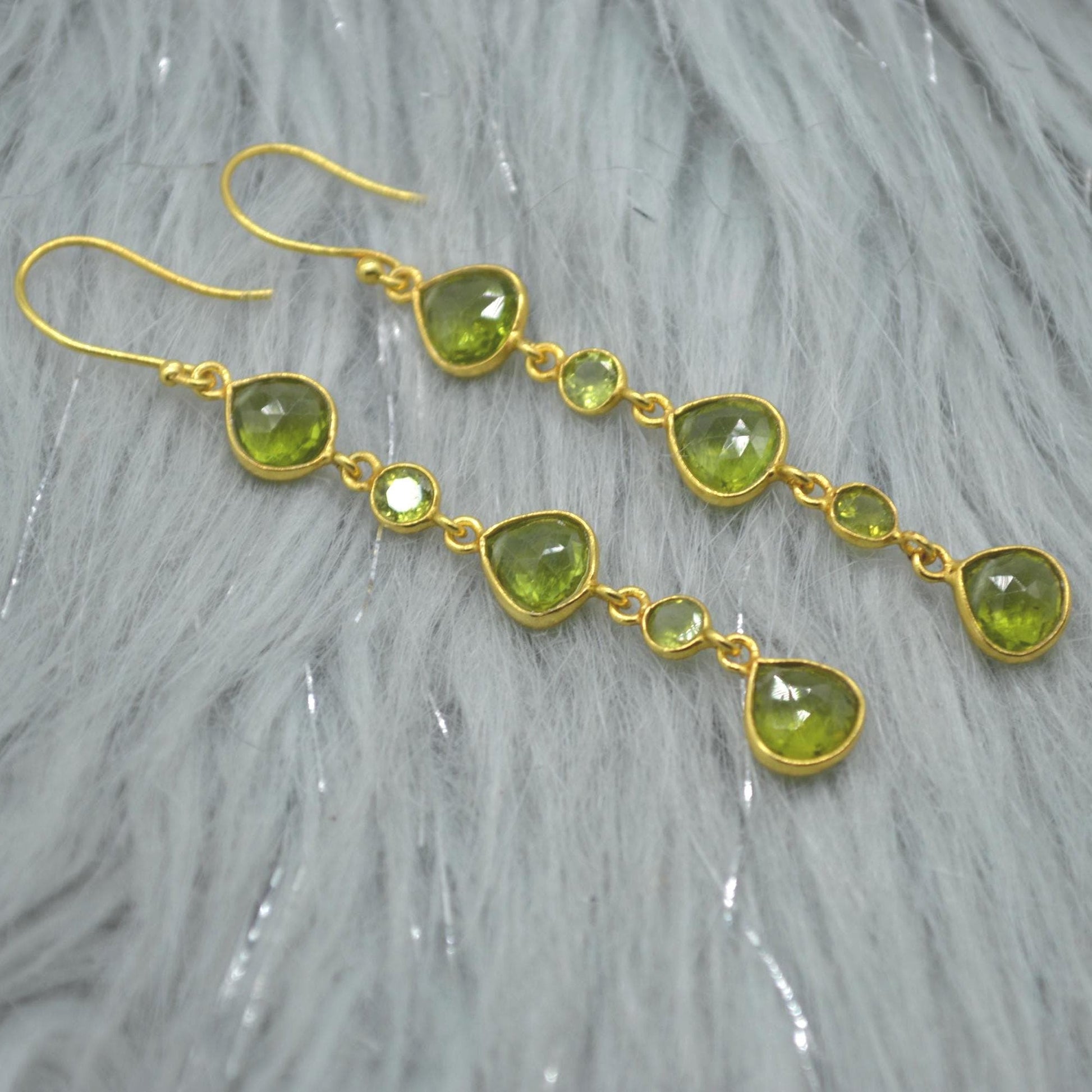 Long Green Peridot Earrings: Gold Plated Silver, Dangle Drop, Teardrop, August Birthstone