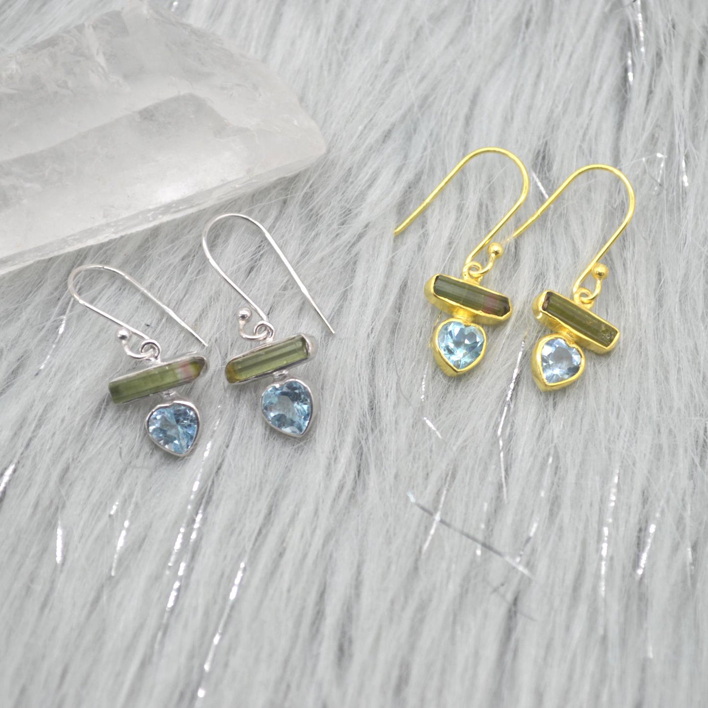 Green Tourmaline, Blue Topaz Earrings: Silver or Gold, Dangle Drop, October December Birthstone