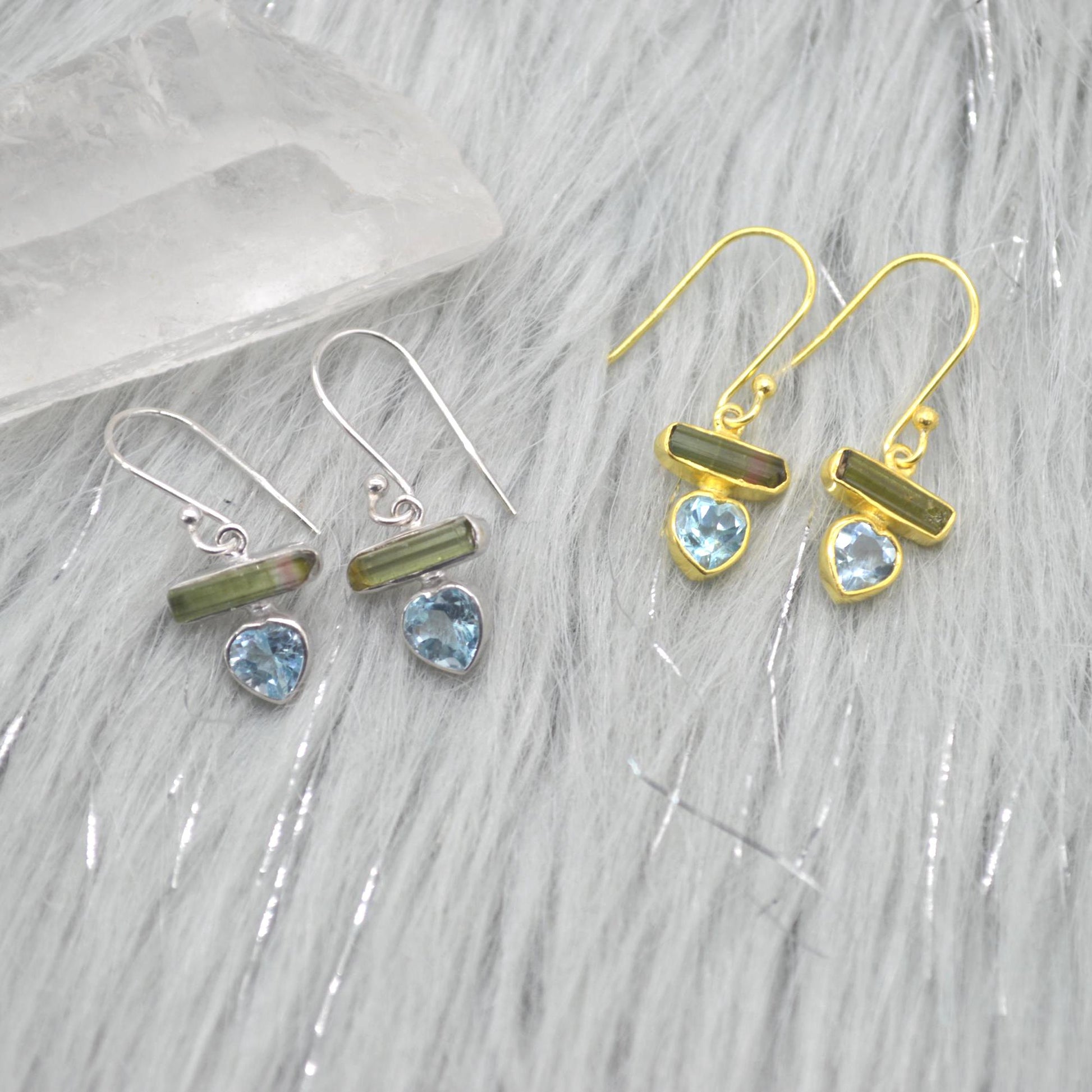 Green Tourmaline, Blue Topaz Earrings: Silver or Gold, Dangle Drop, October December Birthstone
