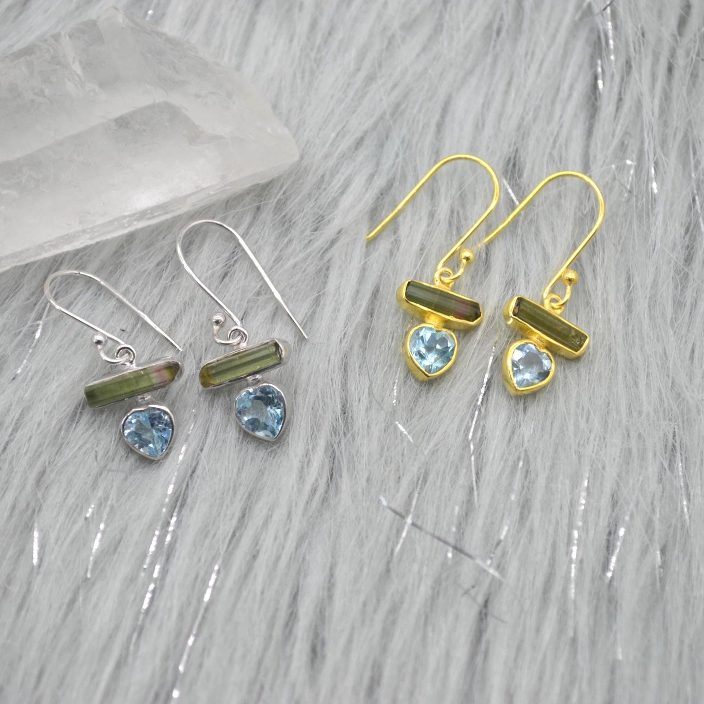 Green Tourmaline, Blue Topaz Earrings: Silver or Gold, Dangle Drop, October December Birthstone