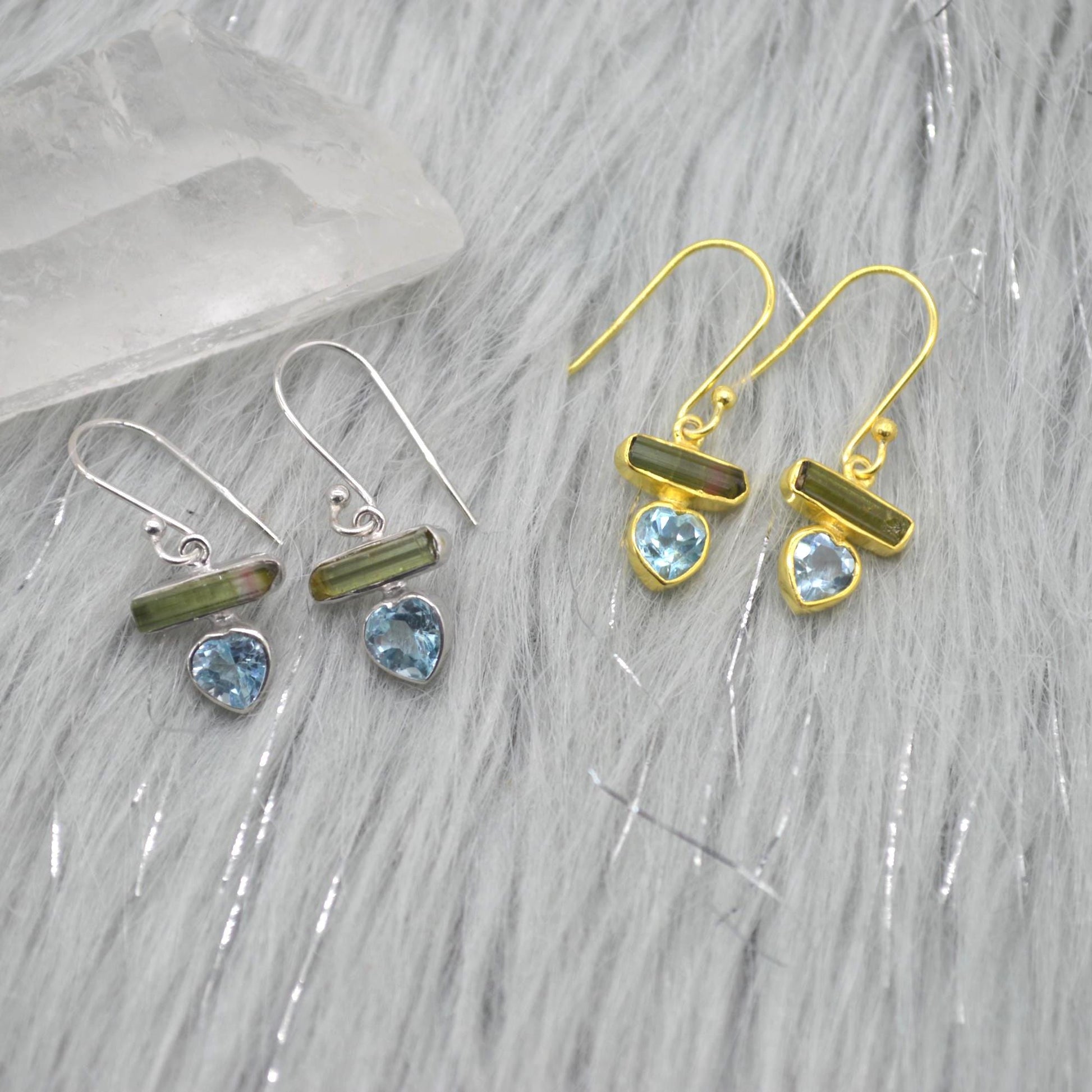 Green Tourmaline, Blue Topaz Earrings: Silver or Gold, Dangle Drop, October December Birthstone