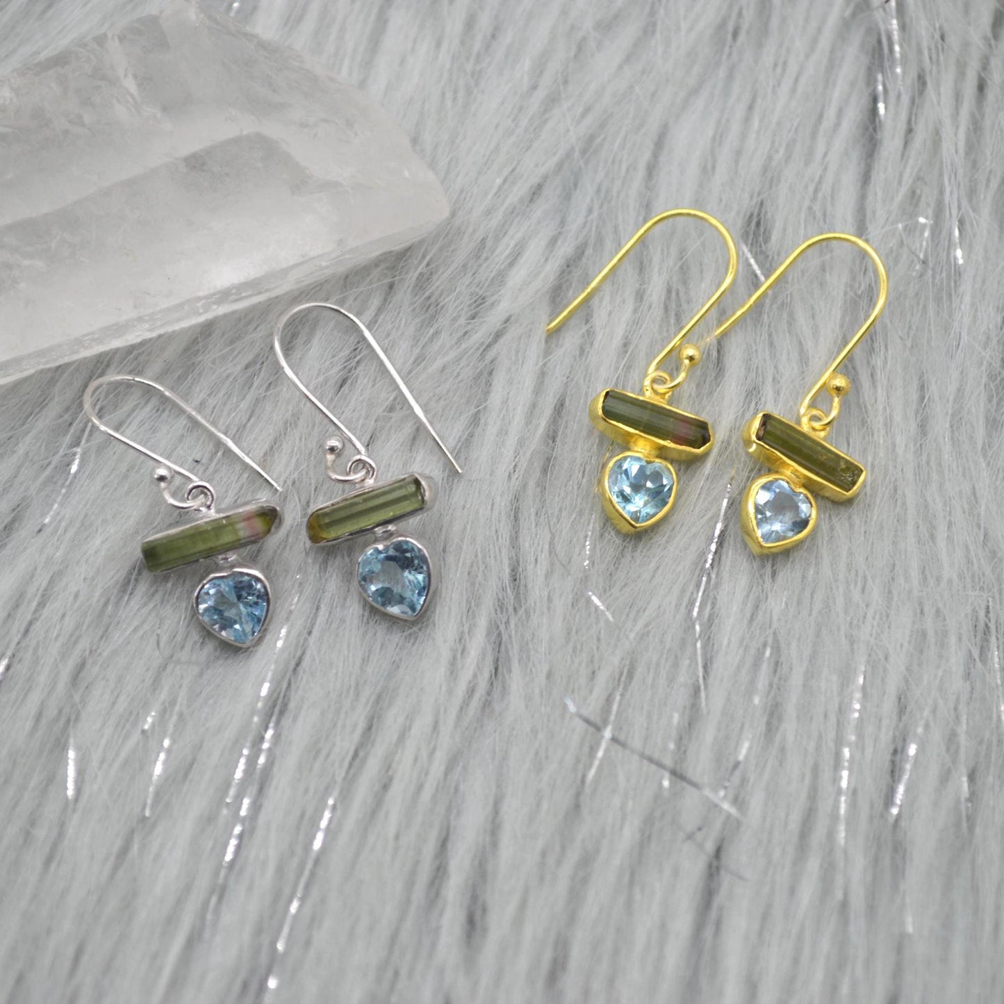 Green Tourmaline, Blue Topaz Earrings: Silver or Gold, Dangle Drop, October December Birthstone