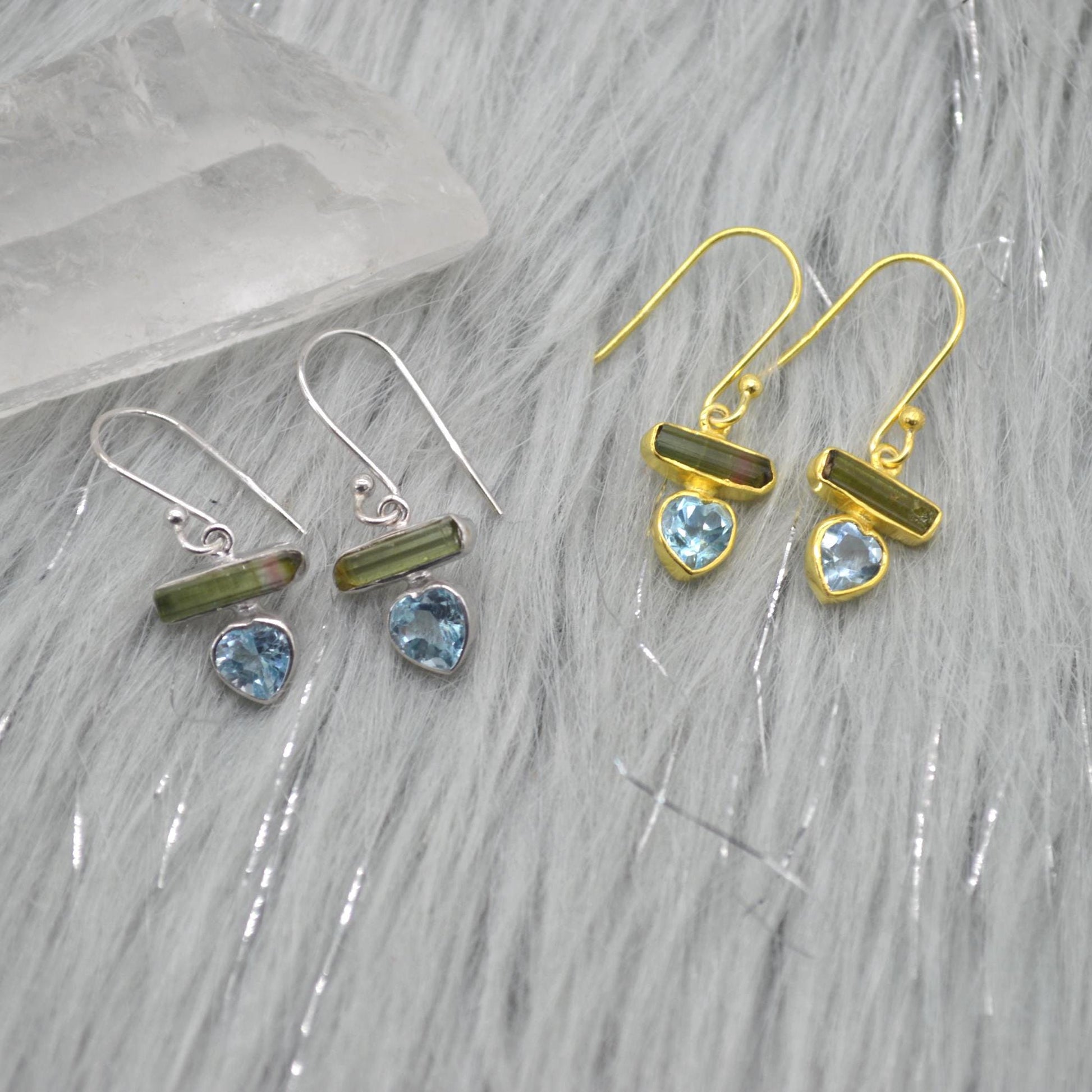 Green Tourmaline, Blue Topaz Earrings: Silver or Gold, Dangle Drop, October December Birthstone