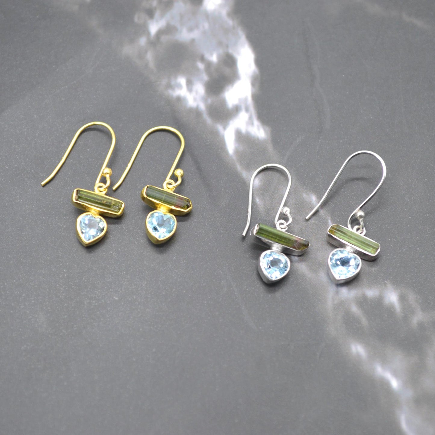 Green Tourmaline, Blue Topaz Earrings: Silver or Gold, Dangle Drop, October December Birthstone