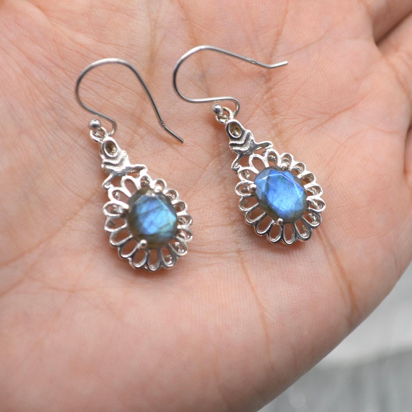 Labradorite Earrings Silver: Dangle Drop, Oval, Blue Gemstone Jewelry