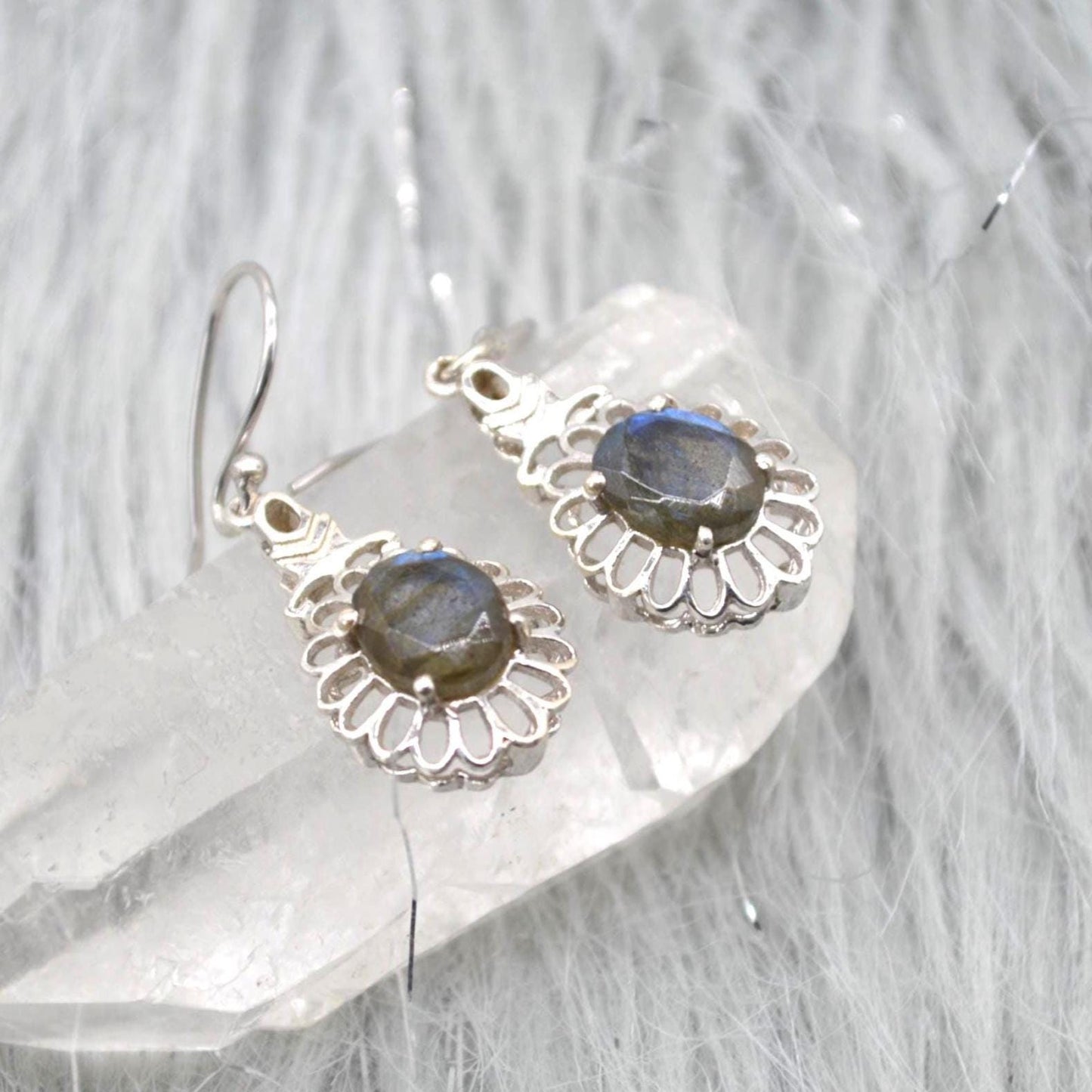 Labradorite Earrings Silver: Dangle Drop, Oval, Blue Gemstone Jewelry
