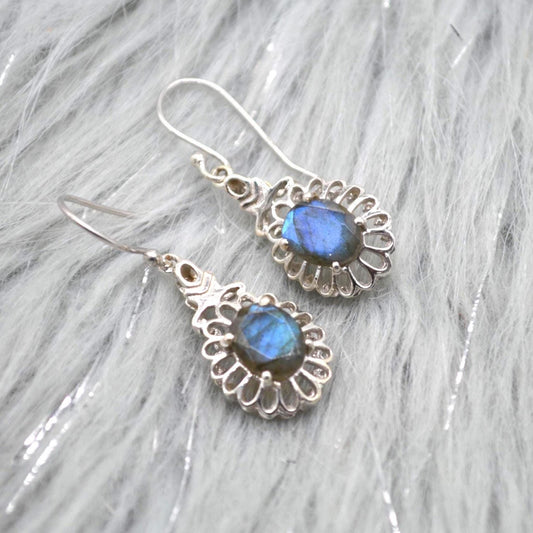 Labradorite Earrings Silver: Dangle Drop, Oval, Blue Gemstone Jewelry