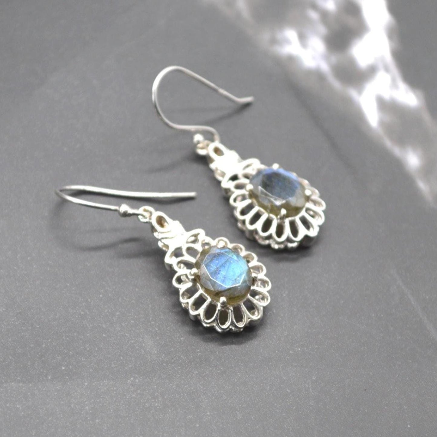 Labradorite Earrings Silver: Dangle Drop, Oval, Blue Gemstone Jewelry