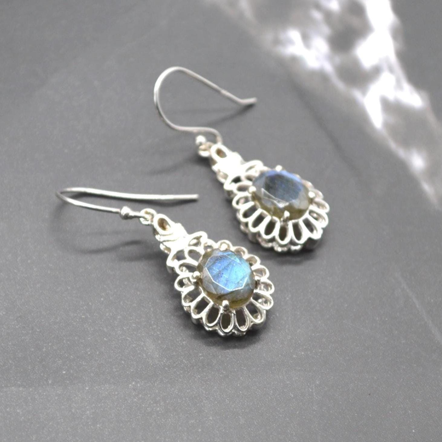 Labradorite Earrings Silver: Dangle Drop, Oval, Blue Gemstone Jewelry