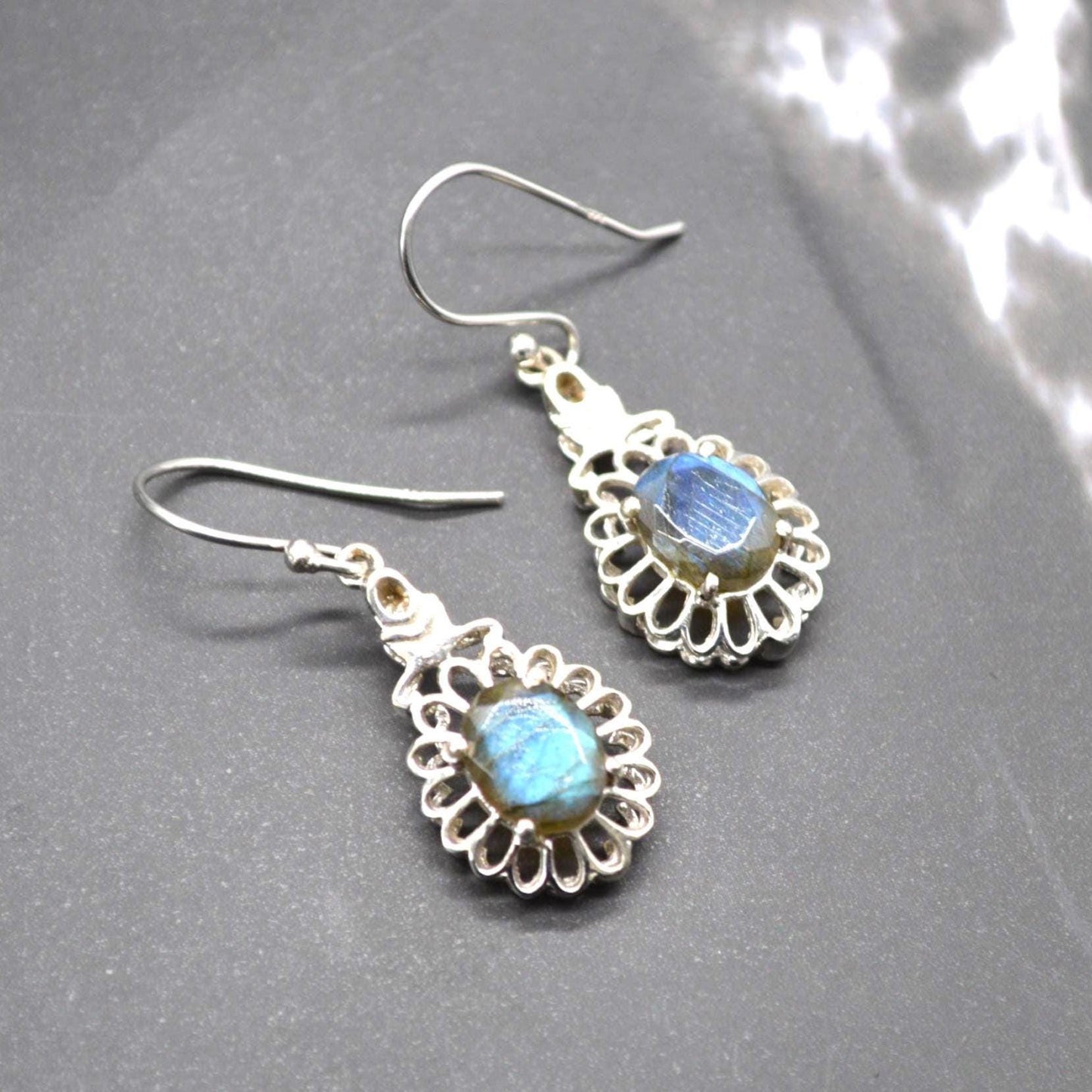 Labradorite Earrings Silver: Dangle Drop, Oval, Blue Gemstone Jewelry